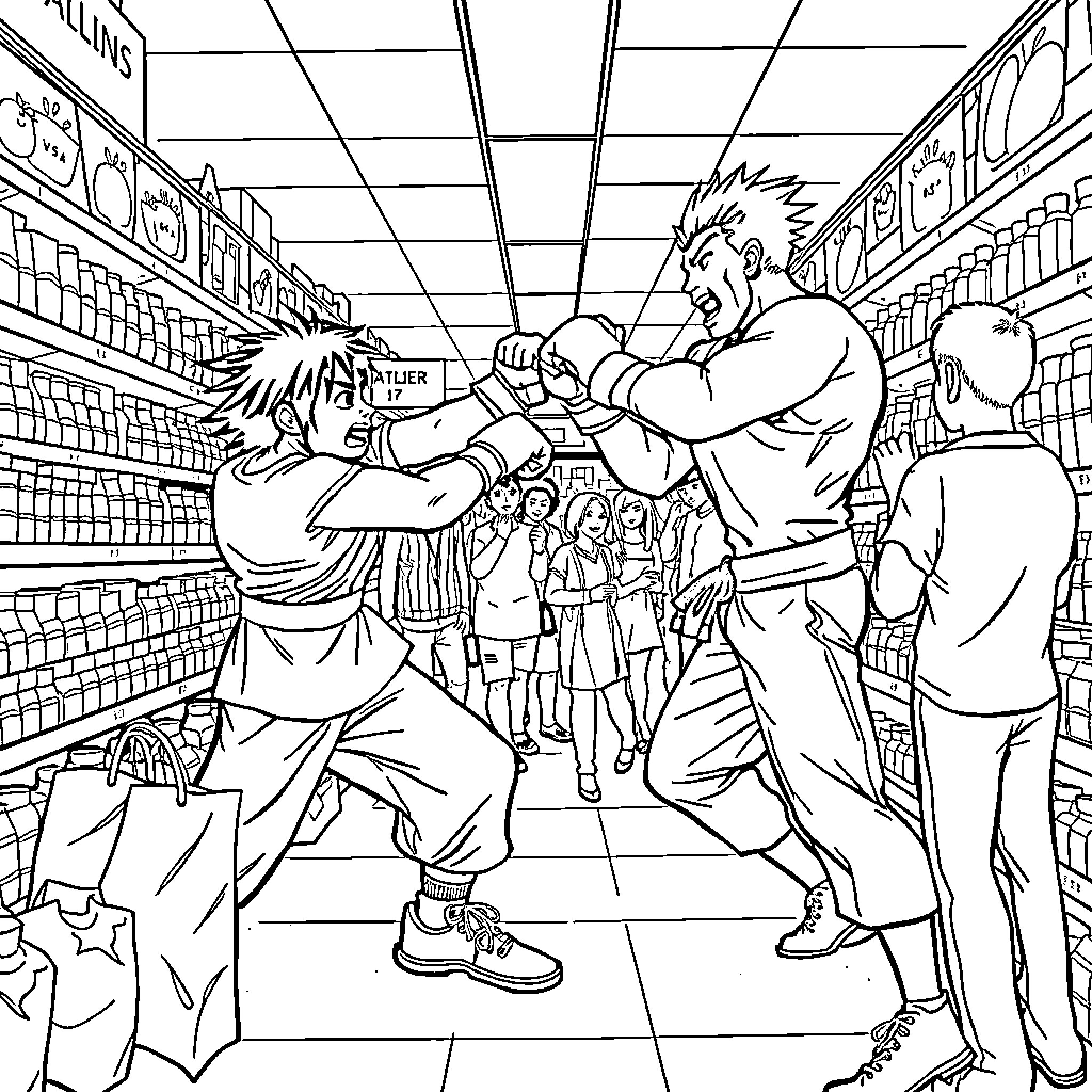 Brawler's Showdown in the Grocery Aisle Coloring Page (free black-and-white line drawing printable PDF for all, from beginners to advanced learners, including children, teens, adults, and seniors)