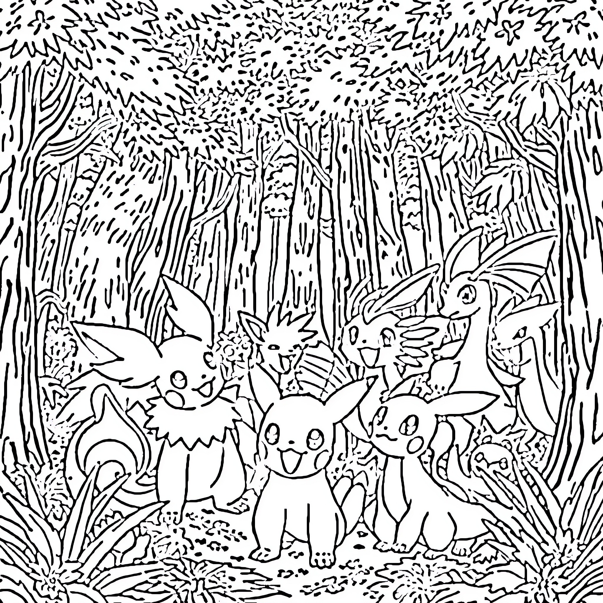 Pokémon Adventure in the Enchanted Forest Coloring Page (free black-and-white line drawing printable PDF for all, from beginners to advanced learners, including children, teens, adults, and seniors)