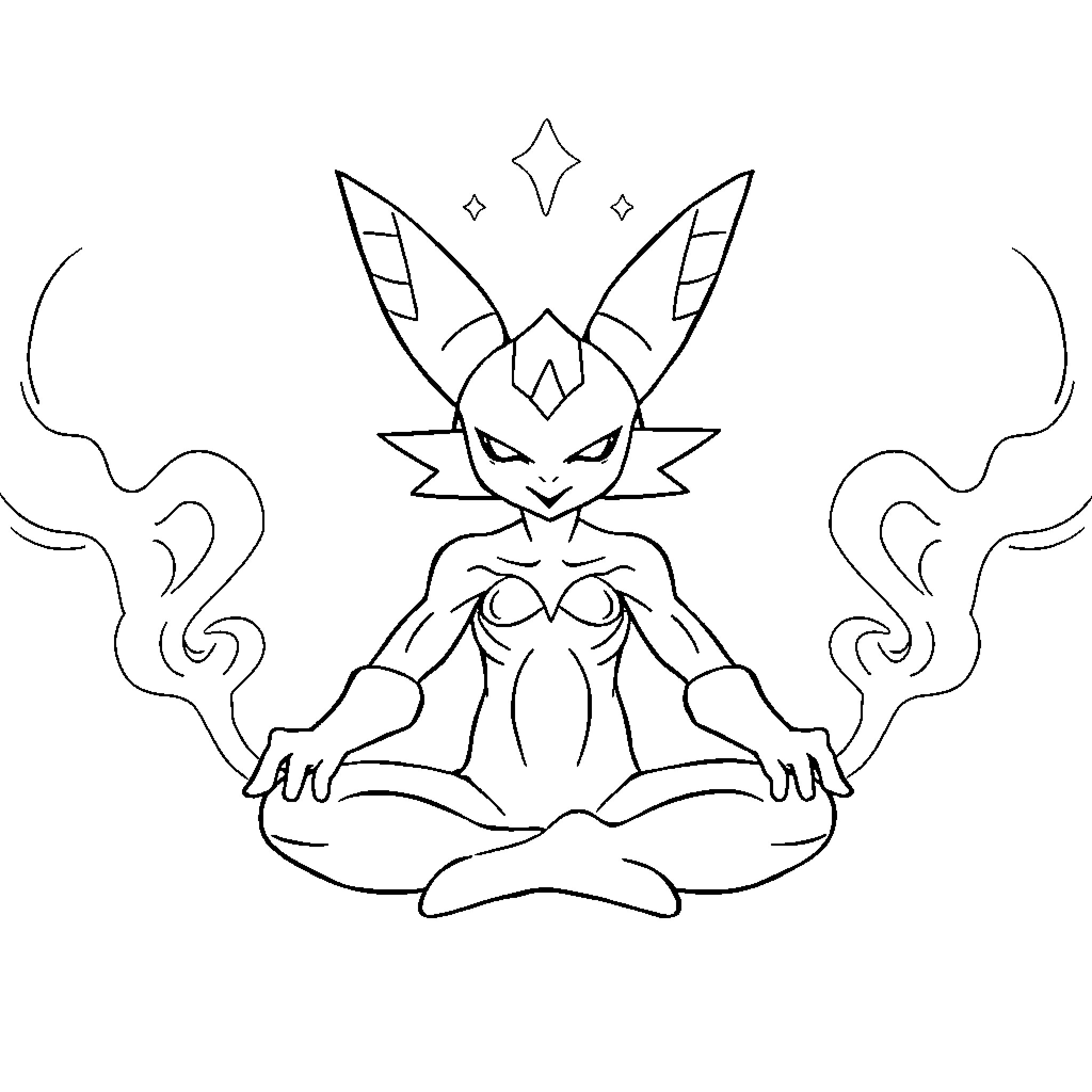 Alakazam meditating with magical energy Coloring Page (free black-and-white line drawing printable PDF for all, from beginners to advanced learners, including children, teens, adults, and seniors)