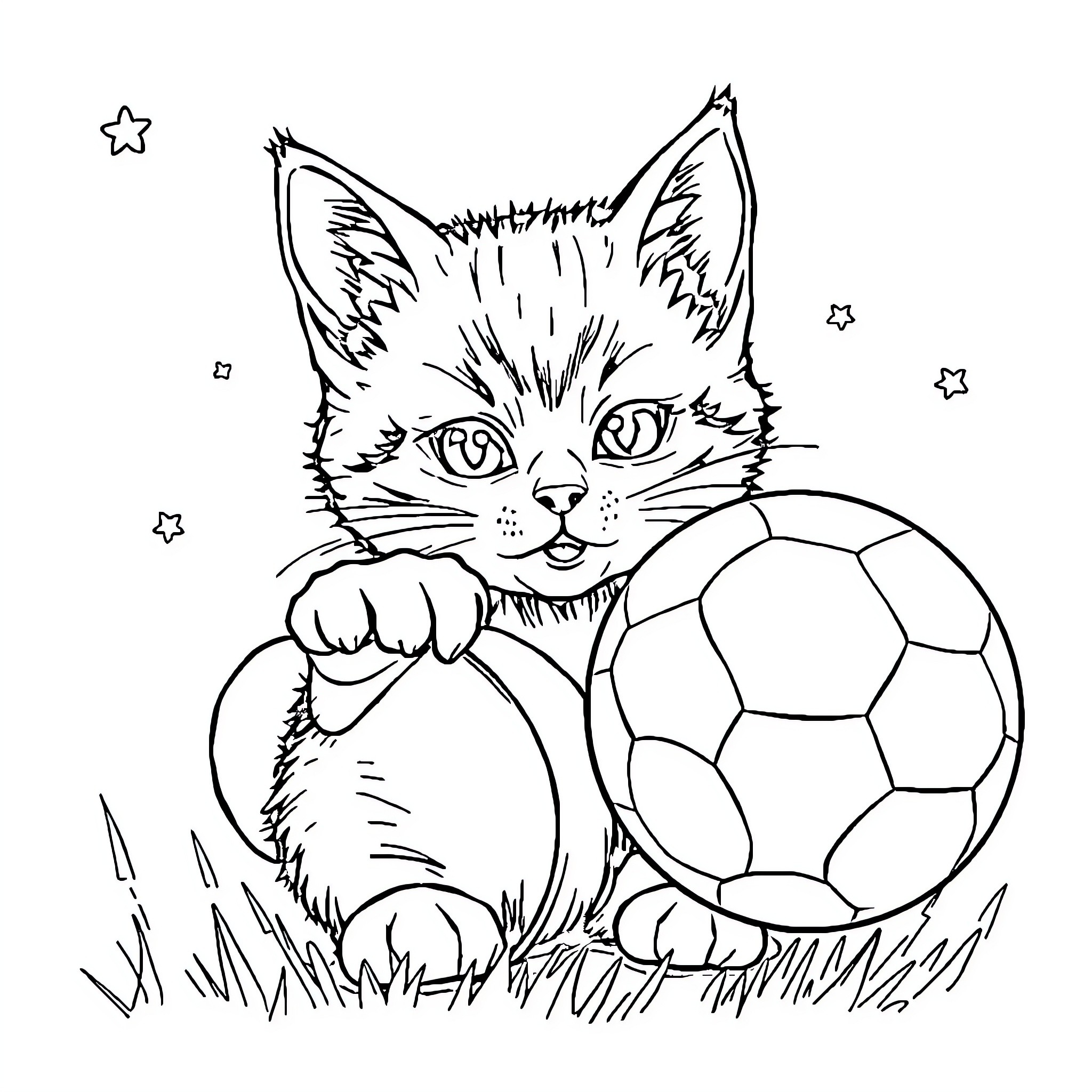 Cat playing with a soccer ball on the grass Coloring Page (free black-and-white line drawing printable PDF for all, from beginners to advanced learners, including children, teens, adults, and seniors)