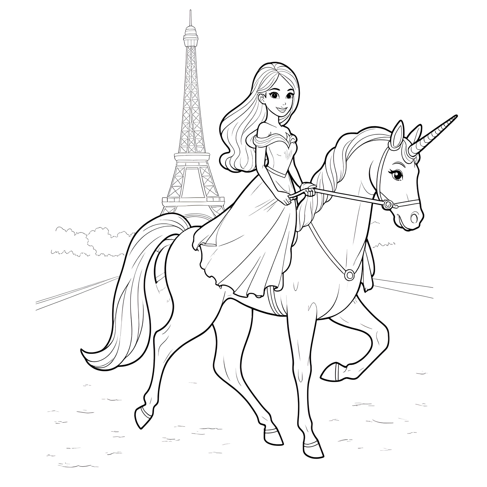 Odette's Enchanting Ride through Paris on a Unicorn Coloring Page (free black-and-white line drawing printable PDF for all, from beginners to advanced learners, including children, teens, adults, and seniors)