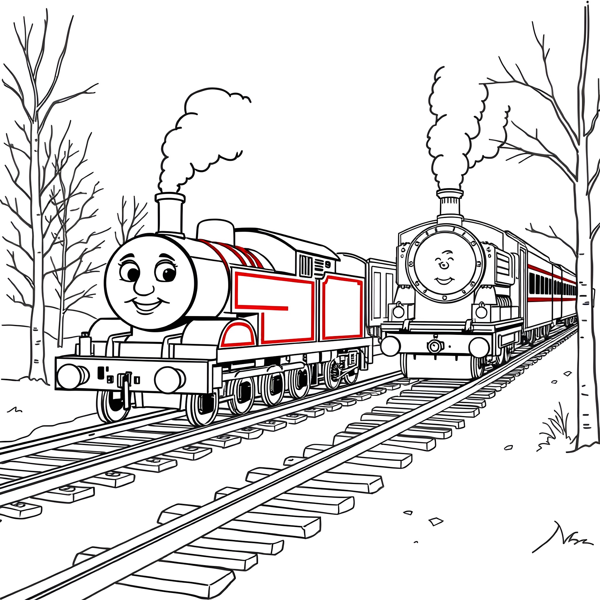 Trains traveling through scenic railway track Coloring Page (free black-and-white line drawing printable PDF for all, from beginners to advanced learners, including children, teens, adults, and seniors)
