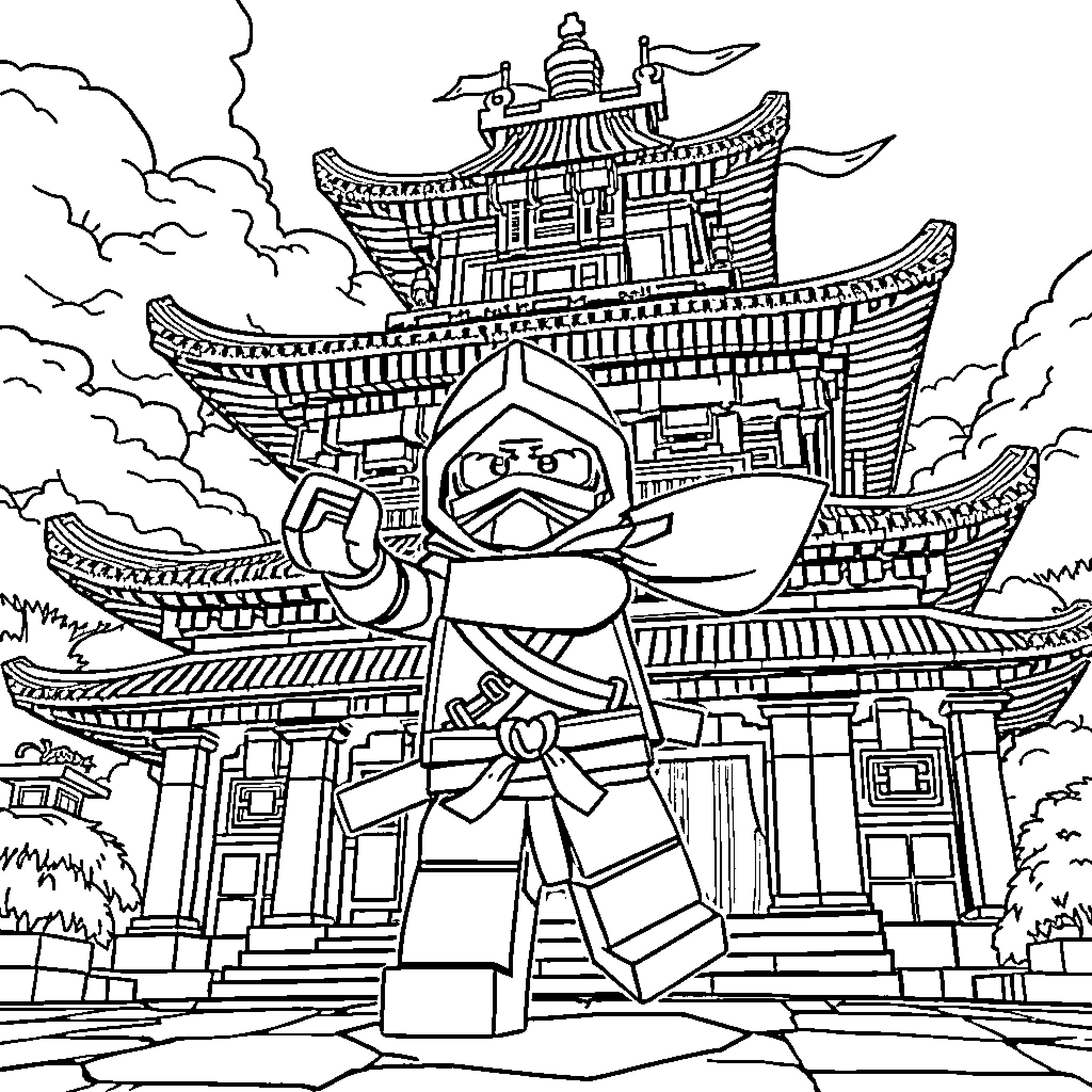 Lego Ninja explores ancient Oriental palace Coloring Page (free black-and-white line drawing printable PDF for all, from beginners to advanced learners, including children, teens, adults, and seniors)