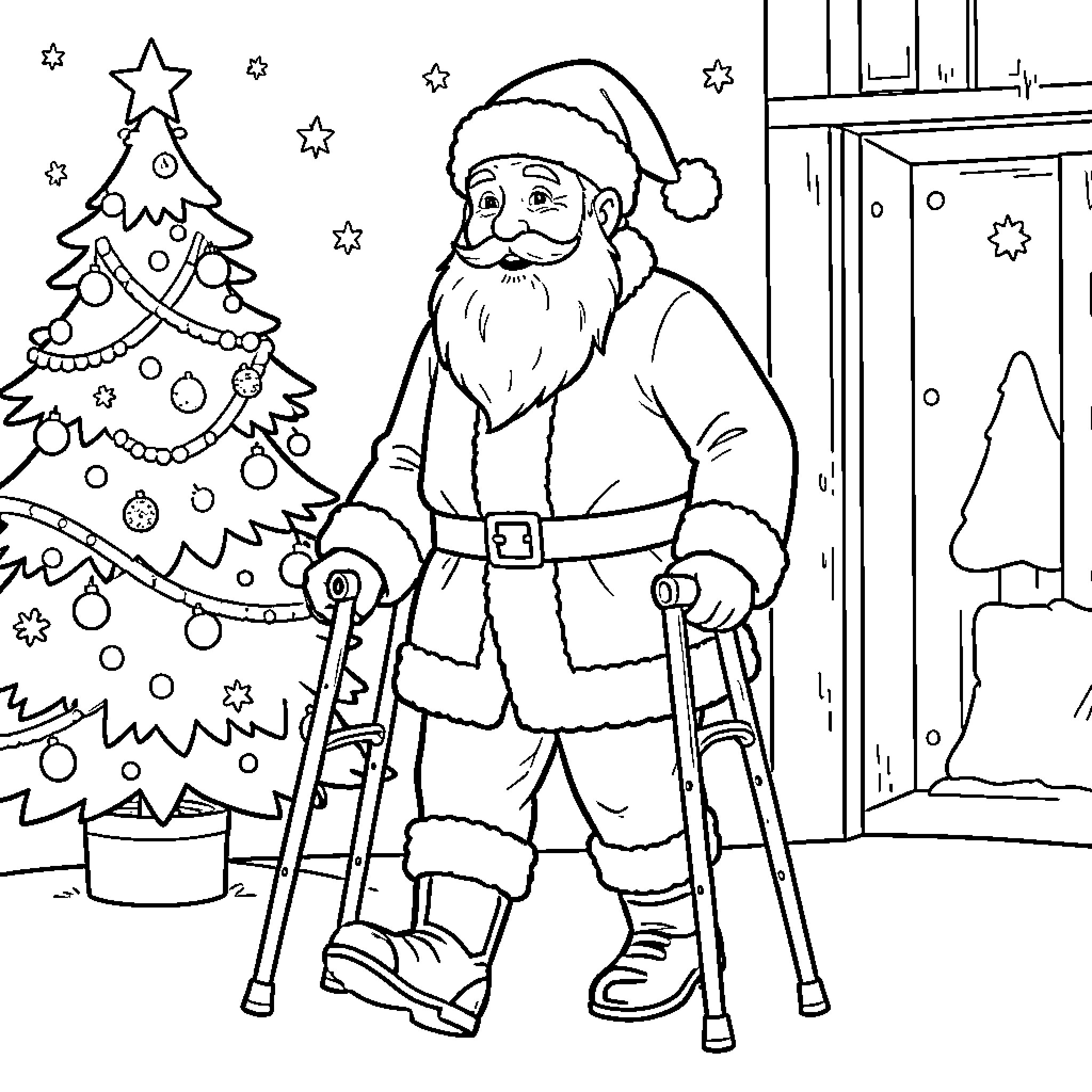 Père Noël walking with crutches near a Christmas tree Coloring Page (free black-and-white line drawing printable PDF for all, from beginners to advanced learners, including children, teens, adults, and seniors)