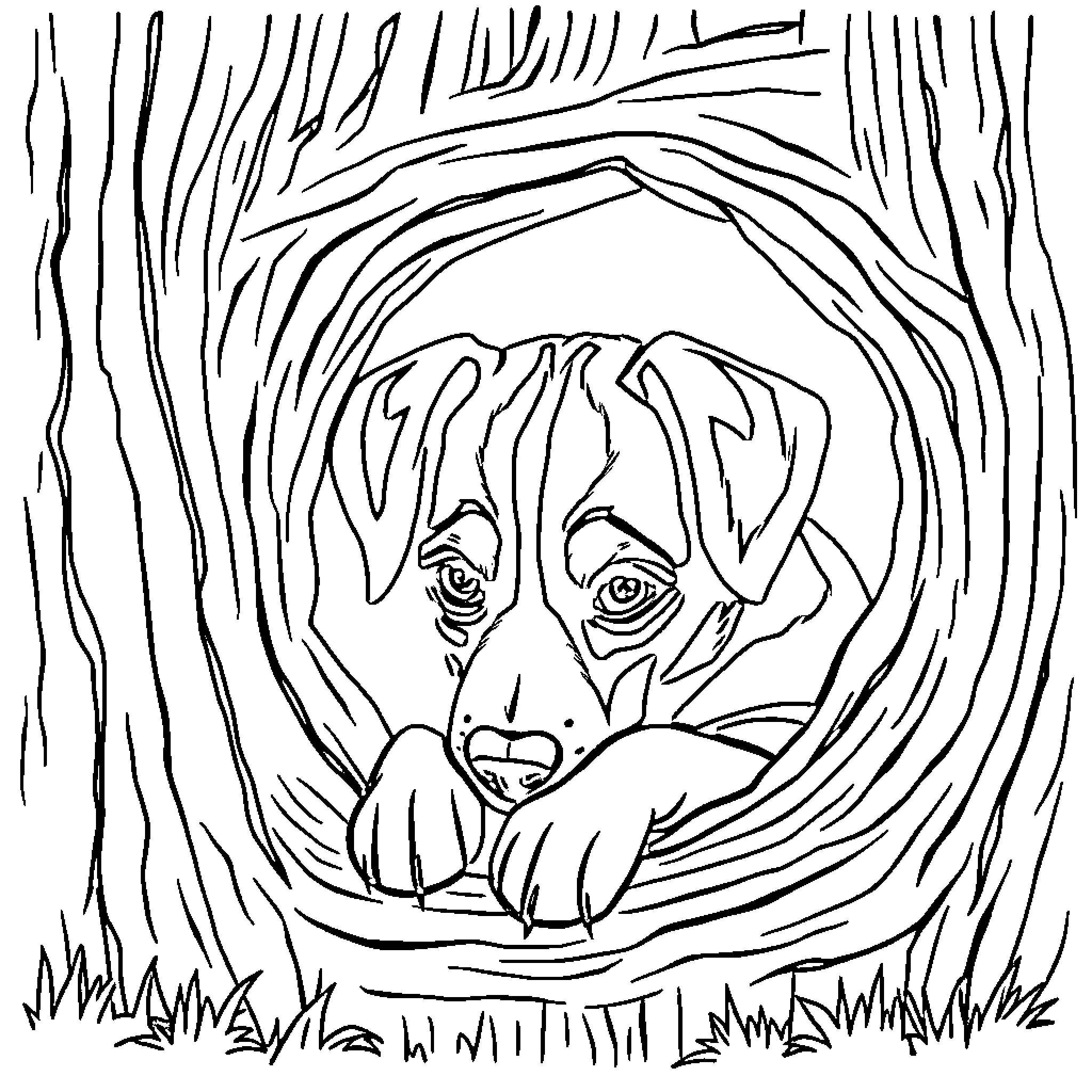 Dog peeking out from a hollow log Coloring Page (free black-and-white line drawing printable PDF for all, from beginners to advanced learners, including children, teens, adults, and seniors)
