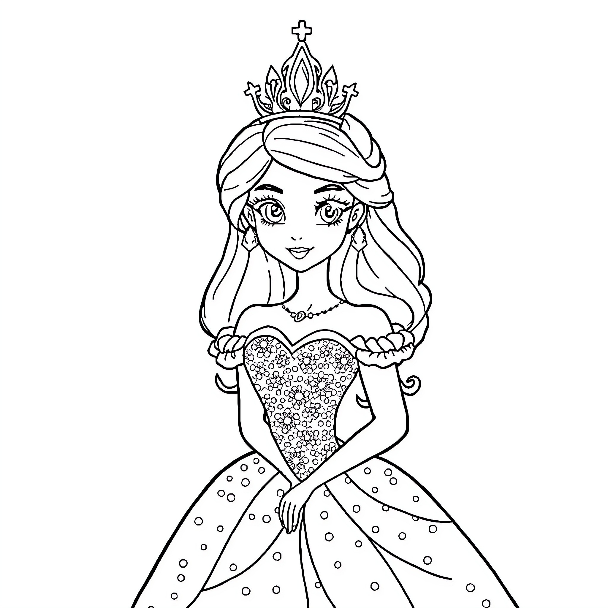 Princess in Elegant Gown and Crown Coloring Page (free black-and-white line drawing printable PDF for all, from beginners to advanced learners, including children, teens, adults, and seniors)