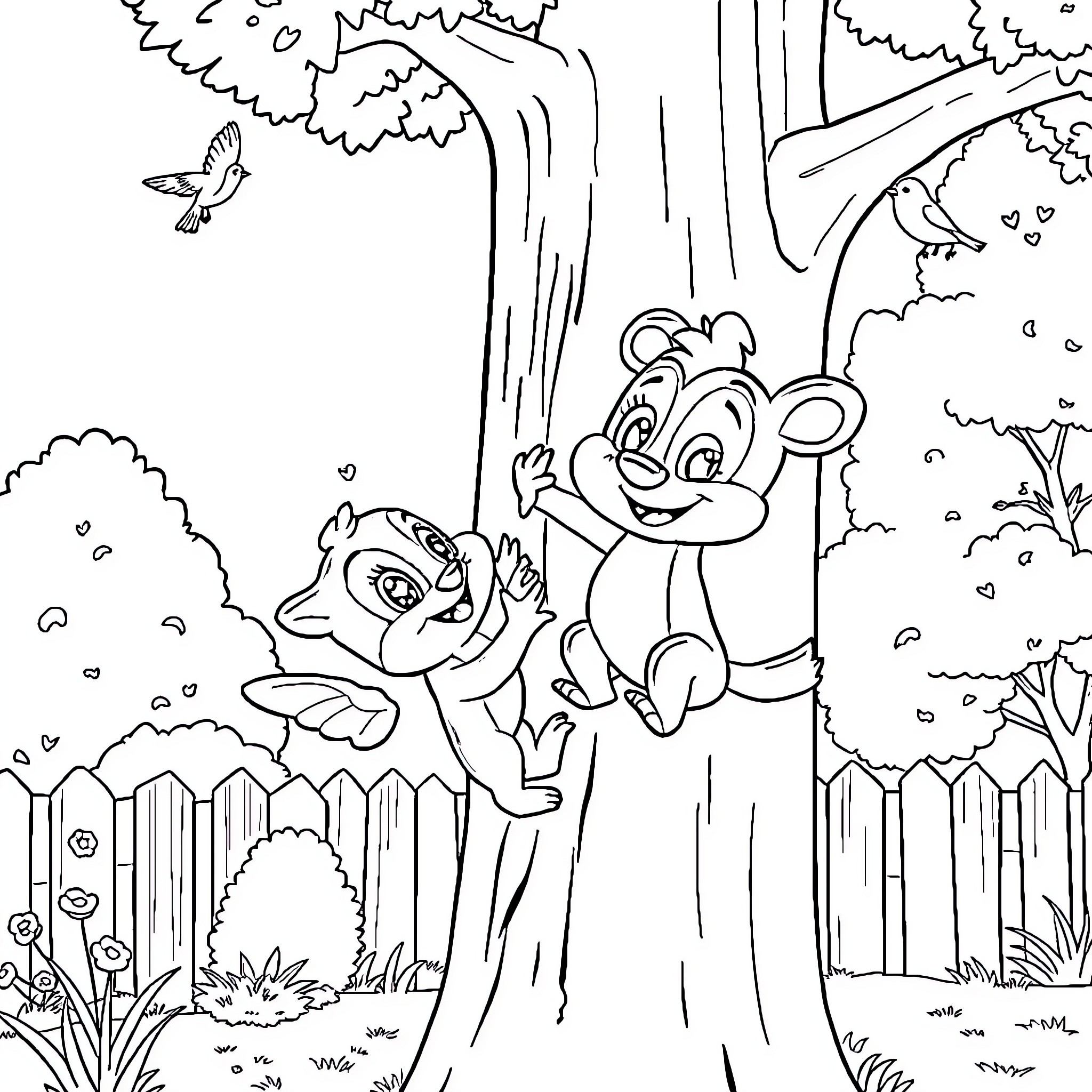 Bluey and Bingo play in the forest Coloring Page (free black-and-white line drawing printable PDF for all, from beginners to advanced learners, including children, teens, adults, and seniors)