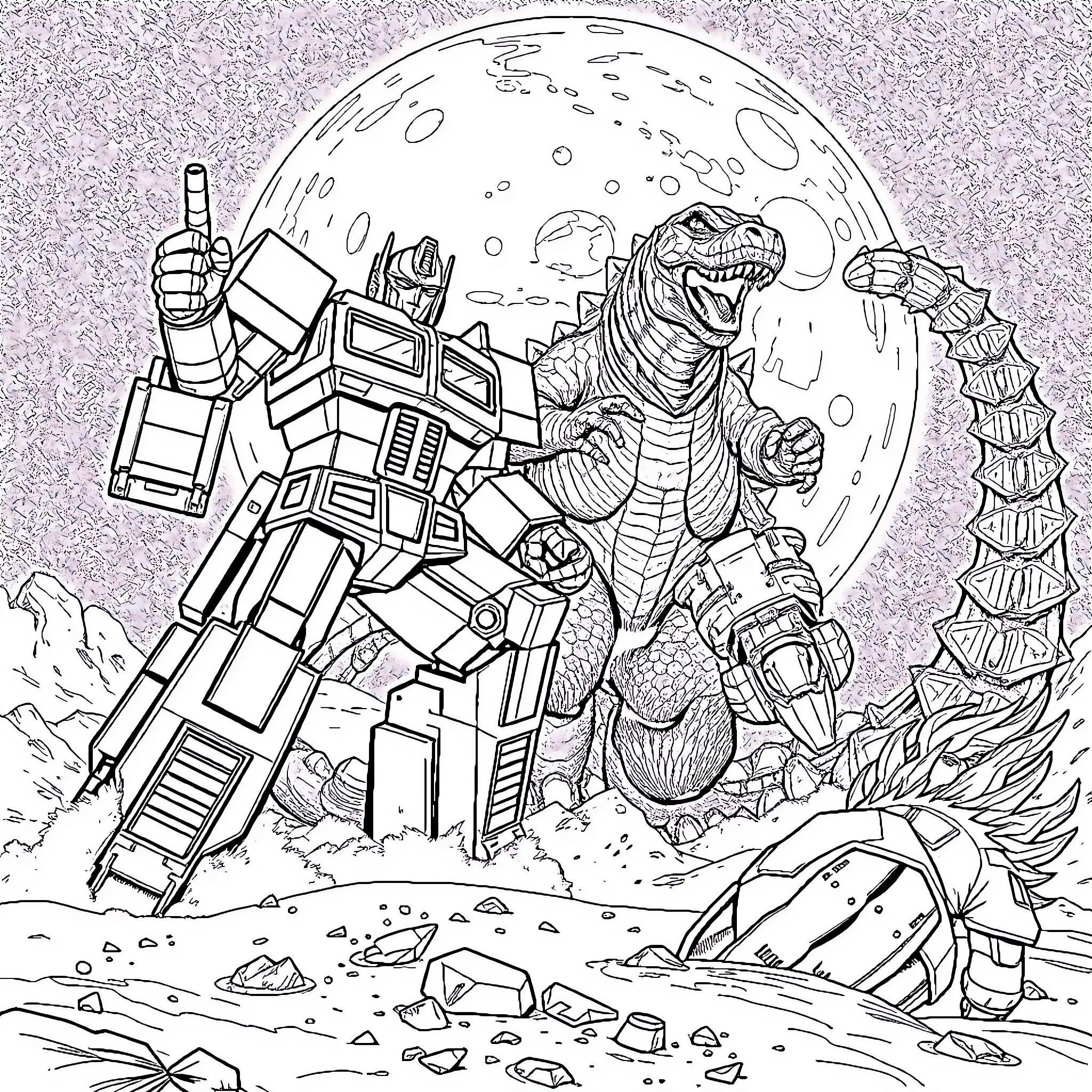 Optimus Prime battles a monstrous foe under the moonlight Coloring Page (free black-and-white line drawing printable PDF for all, from beginners to advanced learners, including children, teens, adults, and seniors)