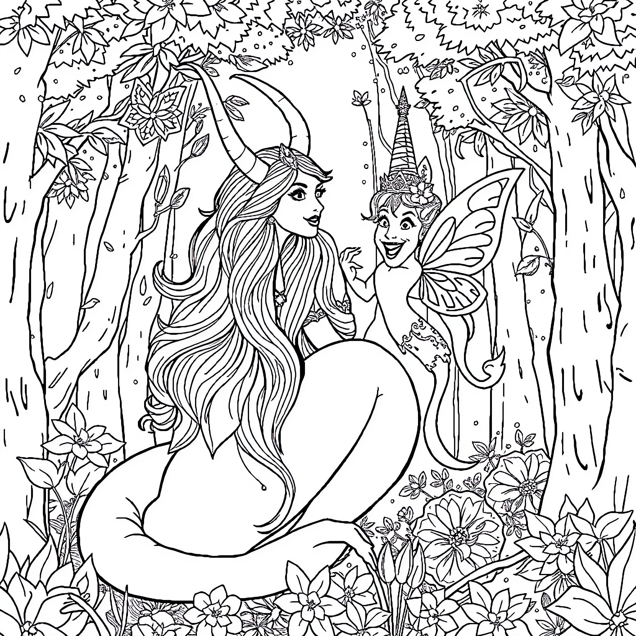 Mermaid and fairy exploring enchanted forest Coloring Page (free black-and-white line drawing printable PDF for all, from beginners to advanced learners, including children, teens, adults, and seniors)