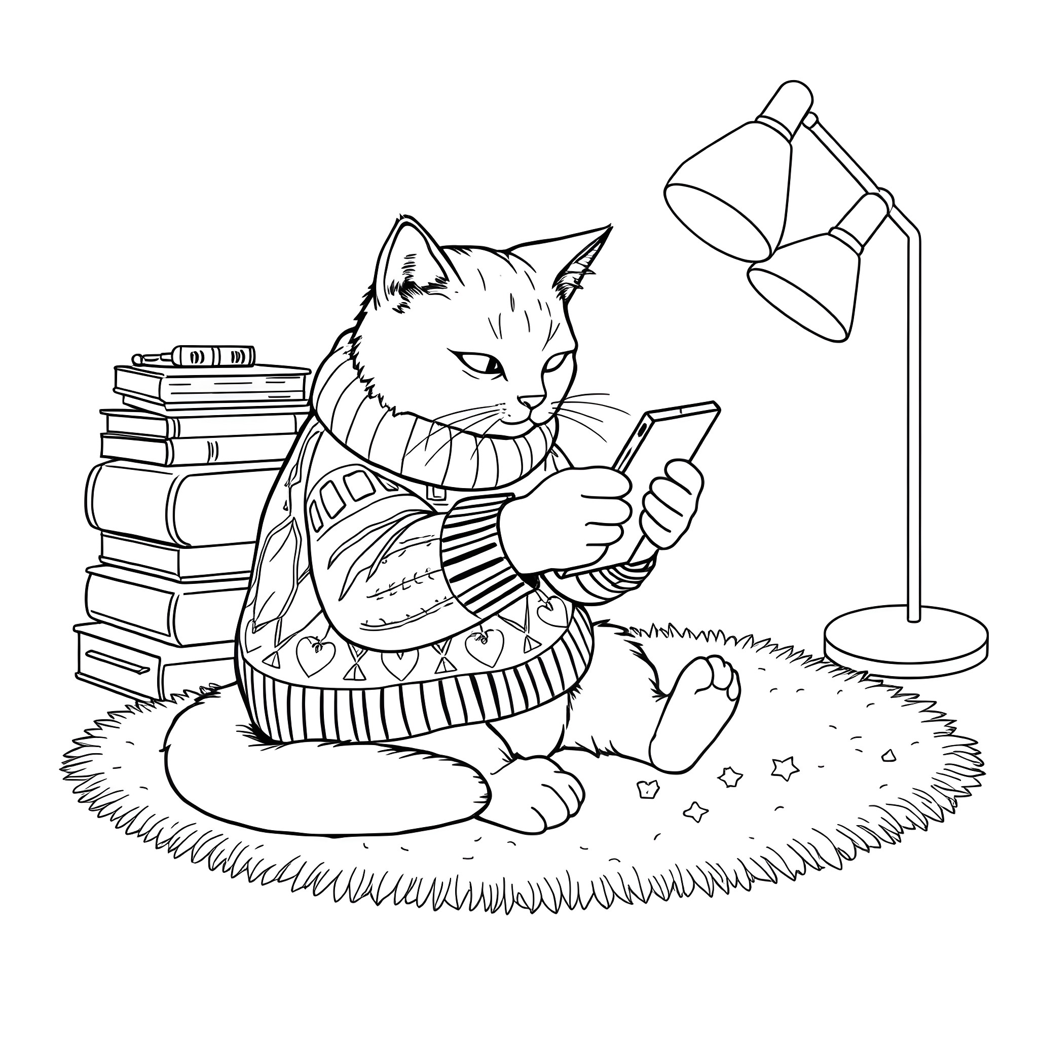 Cat reading a book by the lamp Coloring Page (free black-and-white line drawing printable PDF for all, from beginners to advanced learners, including children, teens, adults, and seniors)
