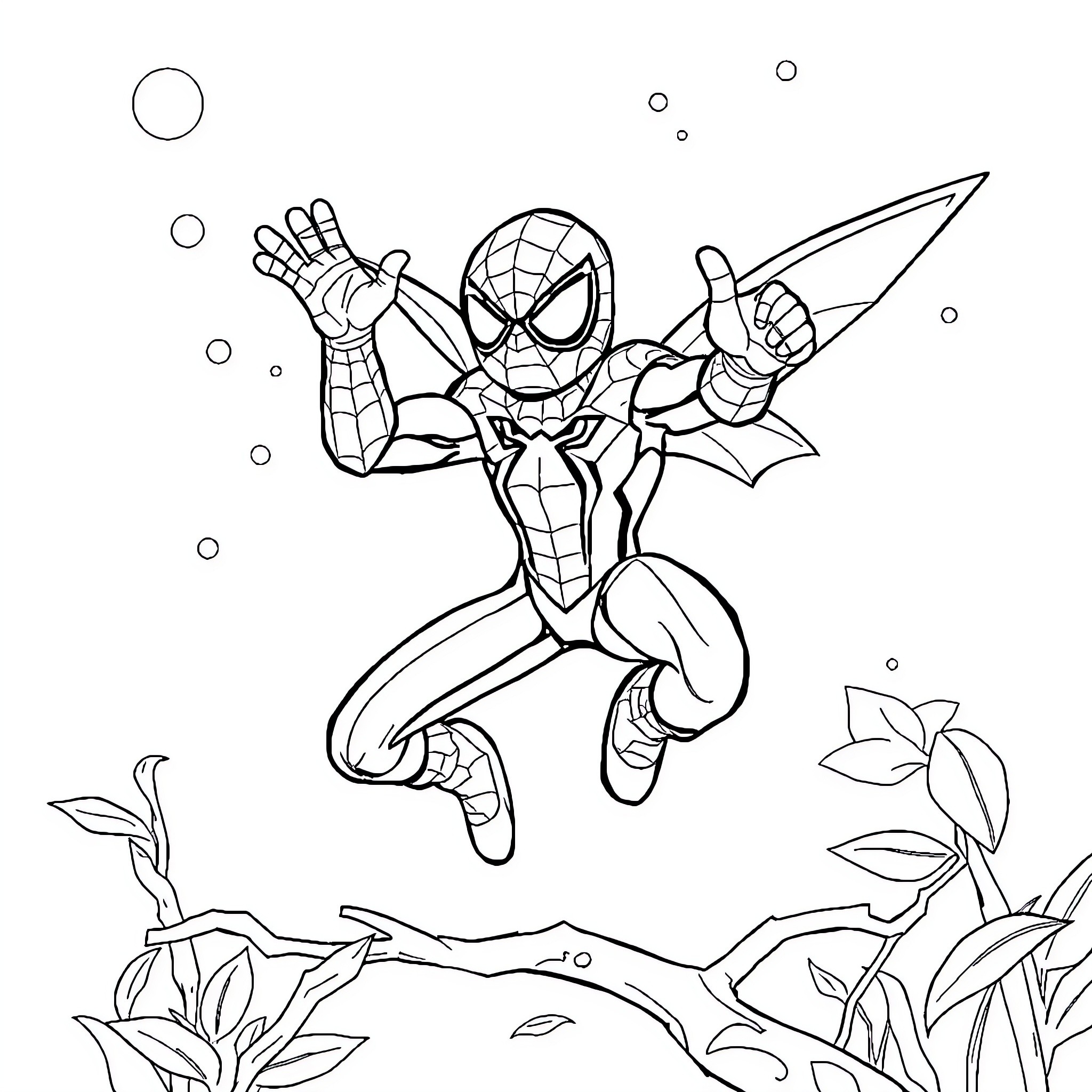 Homem-Aranha leaping into action with webbing and heroism Coloring Page (free black-and-white line drawing printable PDF for all, from beginners to advanced learners, including children, teens, adults, and seniors)