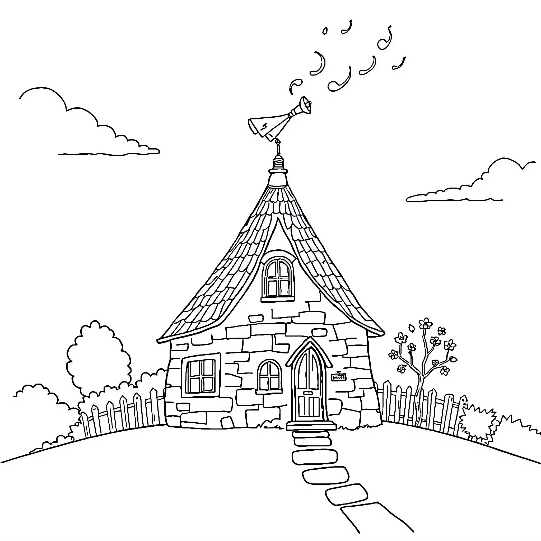 House with Decorative Roof and Swirling Wisps Coloring Page (free black-and-white line drawing printable PDF for all, from beginners to advanced learners, including children, teens, adults, and seniors)