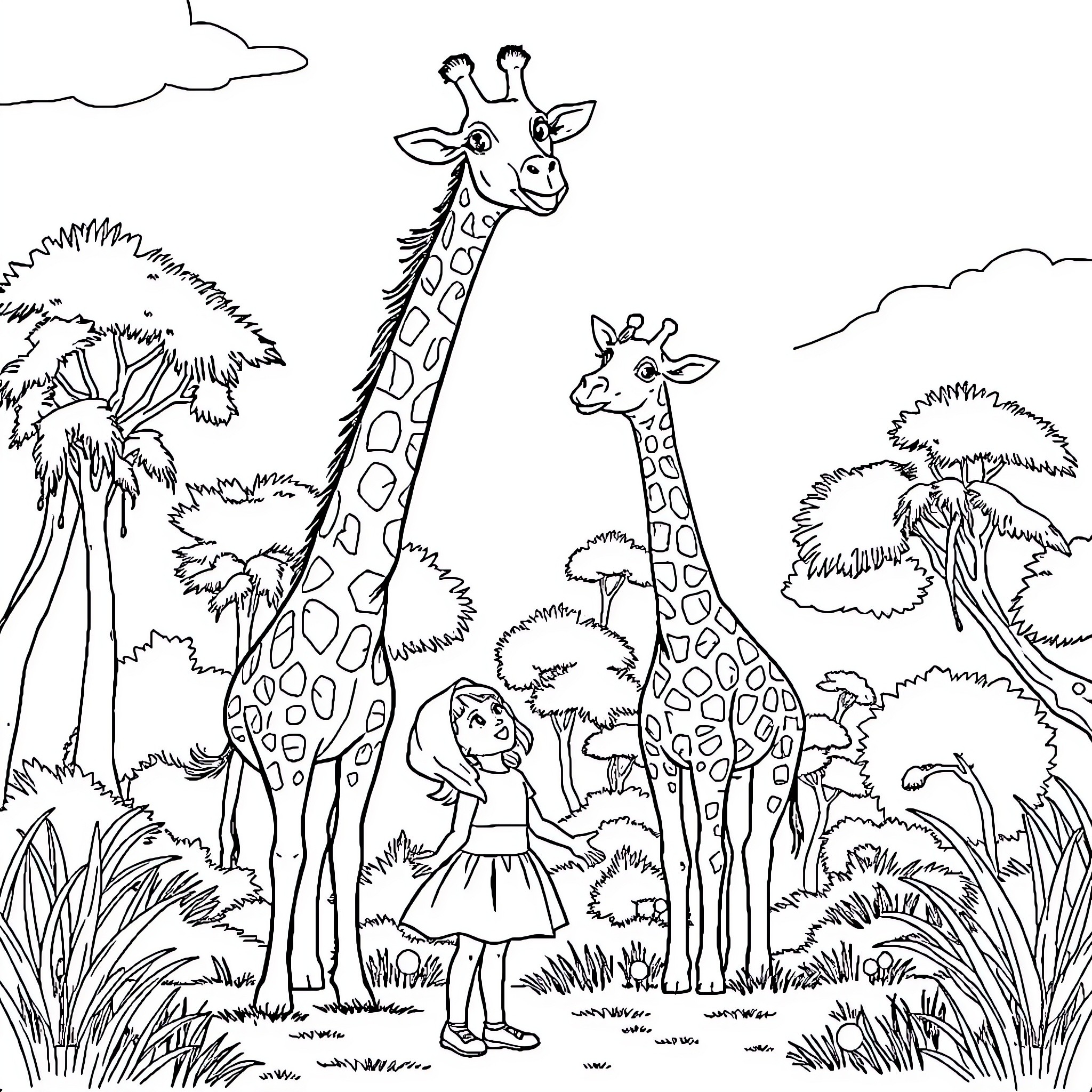 Girl exploring the vibrant jungle with friendly giraffes Coloring Page (free black-and-white line drawing printable PDF for all, from beginners to advanced learners, including children, teens, adults, and seniors)
