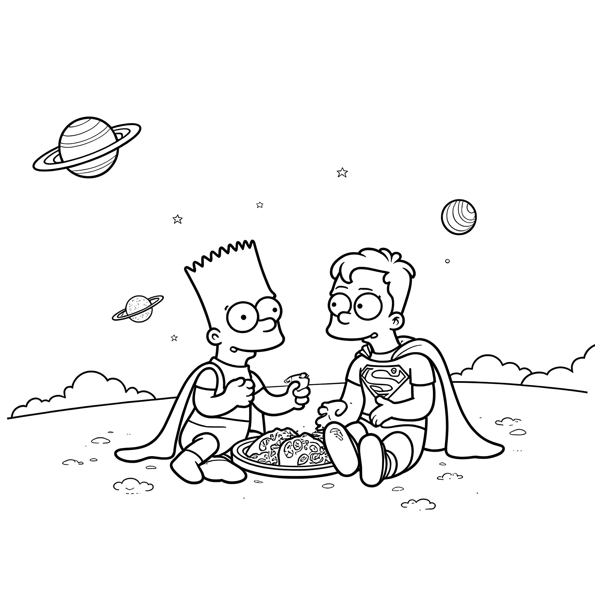 Bart Simpson and friend stargazing and enjoying a picnic Coloring Page (free black-and-white line drawing printable PDF for all, from beginners to advanced learners, including children, teens, adults, and seniors)