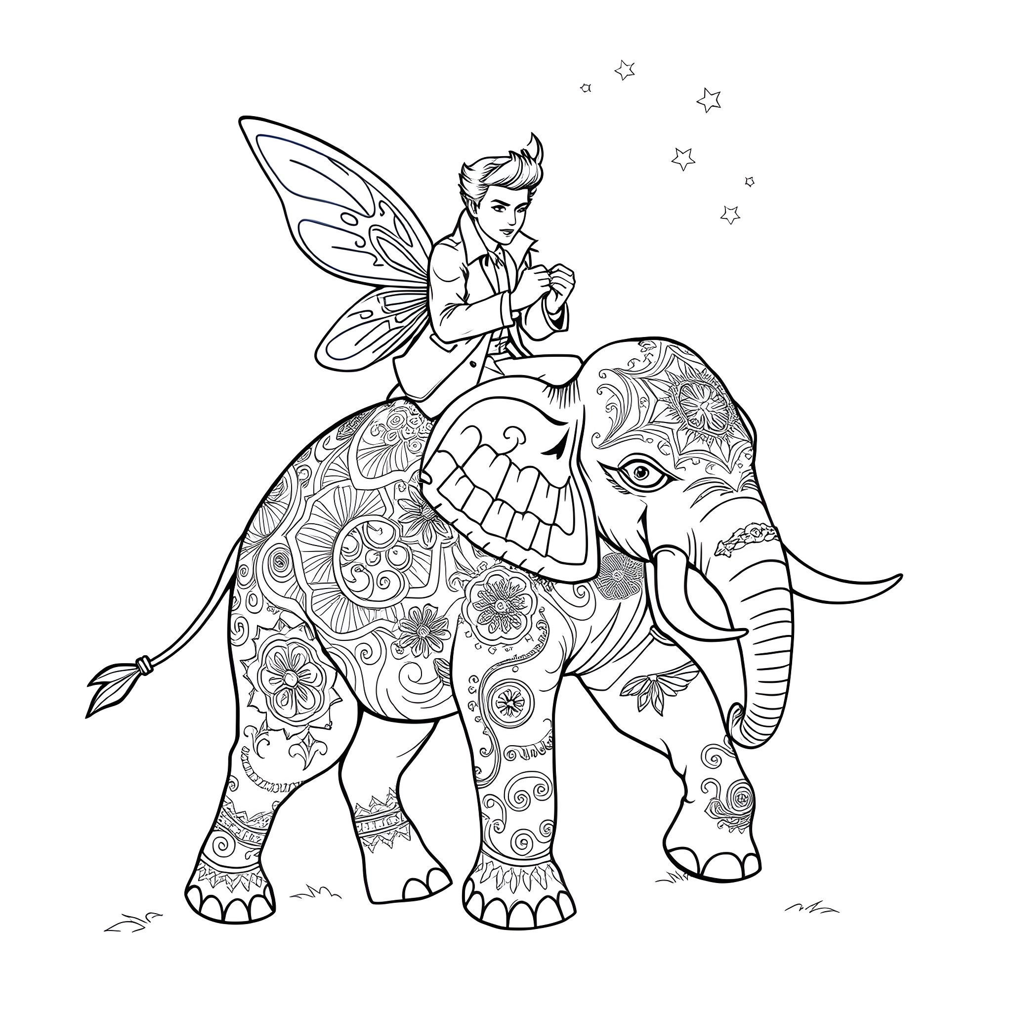 Elvis Presley Sitting on Ornate Elephant Coloring Page (free black-and-white line drawing printable PDF for all, from beginners to advanced learners, including children, teens, adults, and seniors)