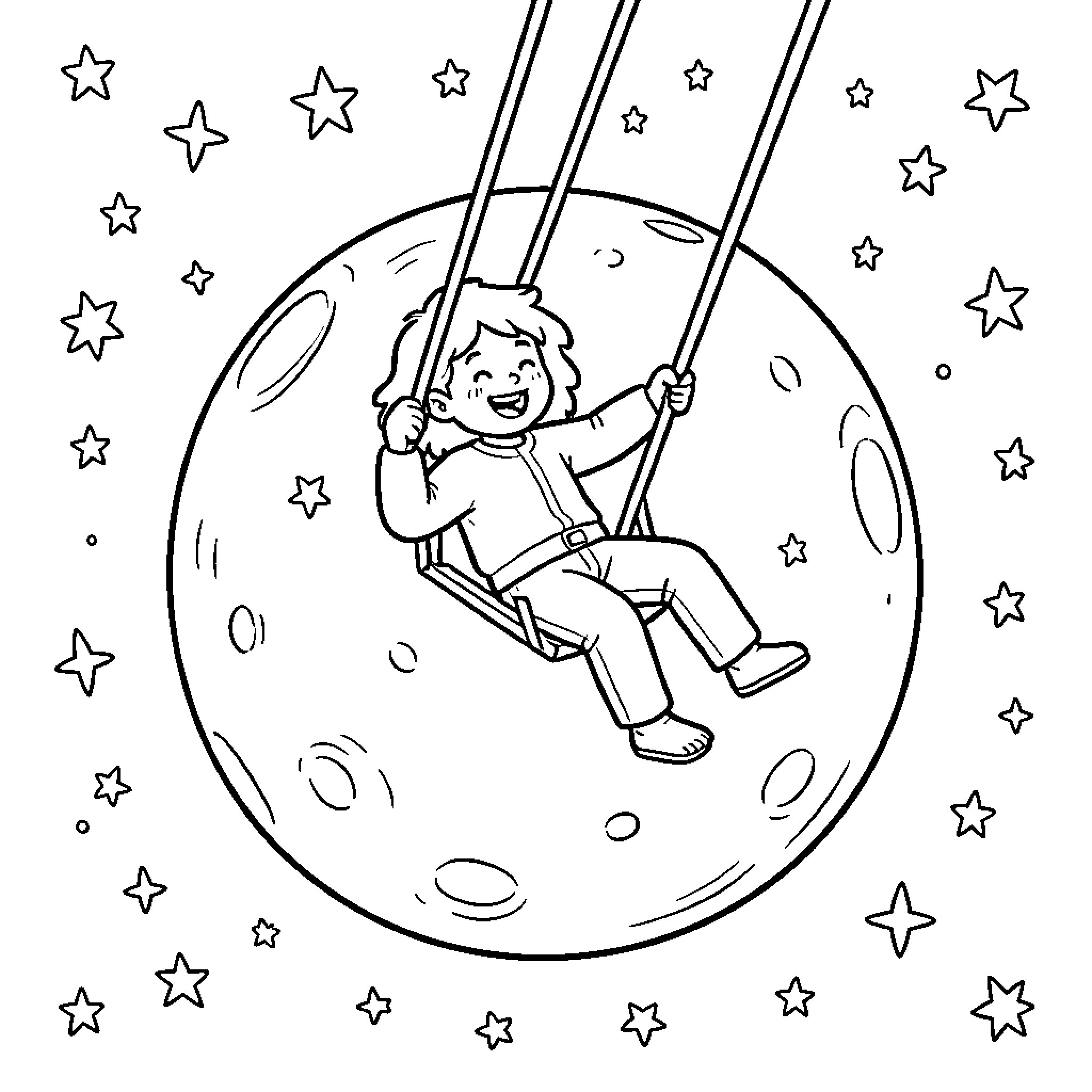 Swinging joyfully under the starry night sky Coloring Page (free black-and-white line drawing printable PDF for all, from beginners to advanced learners, including children, teens, adults, and seniors)