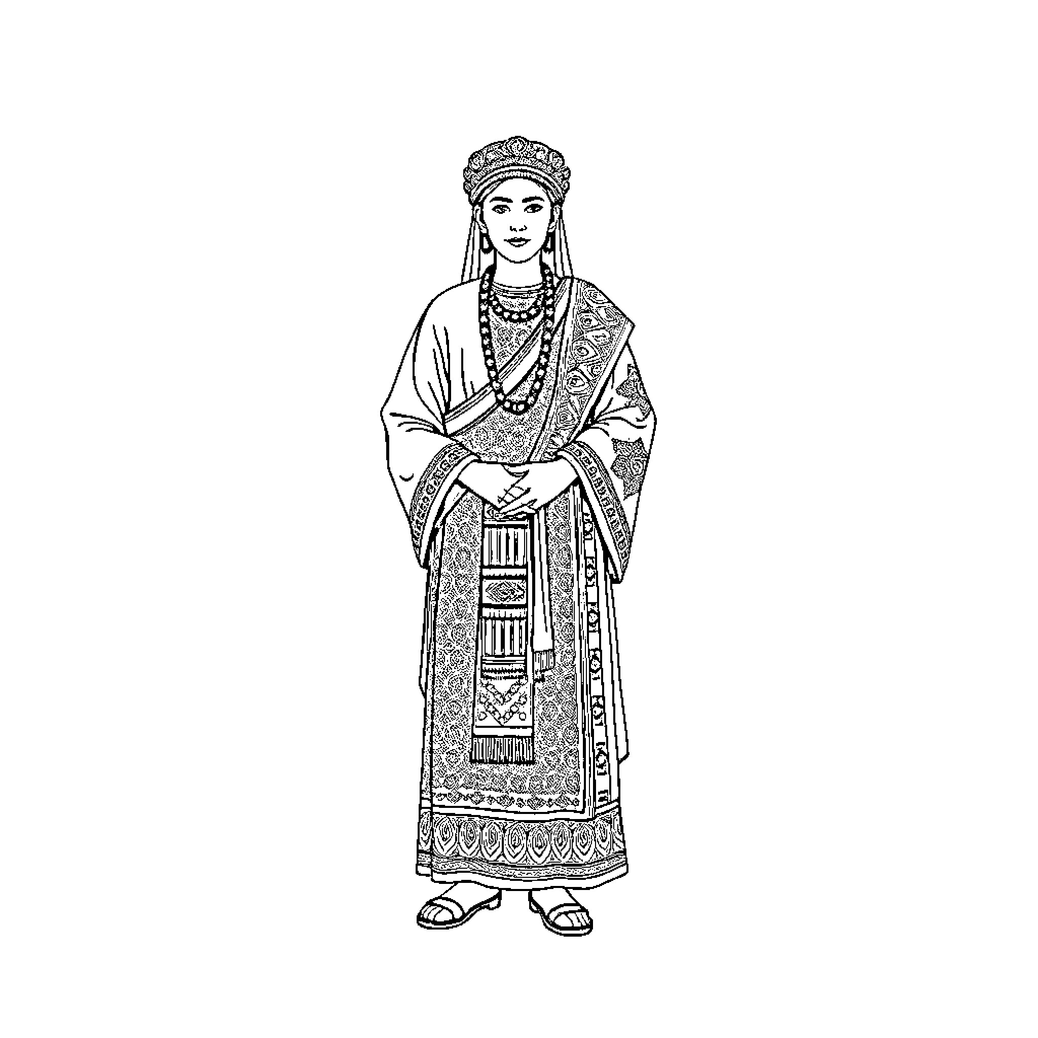 Kabyle woman in traditional ethnic outfit Coloring Page (free black-and-white line drawing printable PDF for all, from beginners to advanced learners, including children, teens, adults, and seniors)