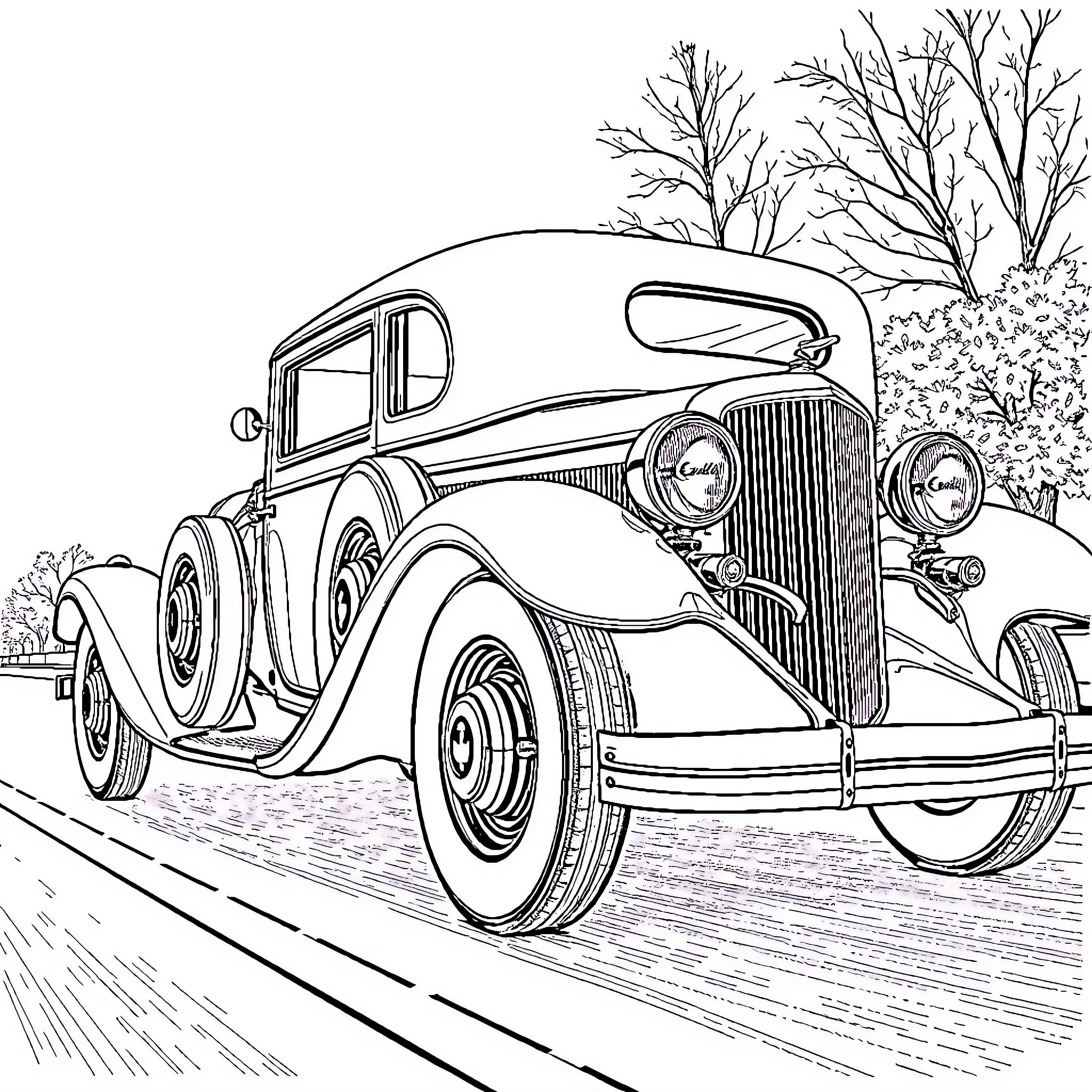 Cadillac vintage car on a snowy road Coloring Page (free black-and-white line drawing printable PDF for all, from beginners to advanced learners, including children, teens, adults, and seniors)