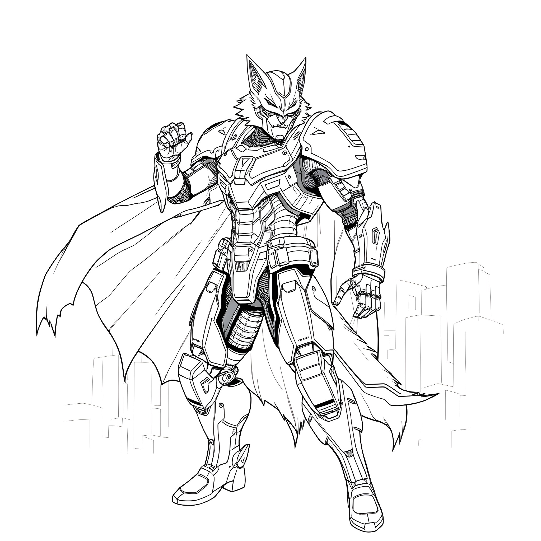 Superhero in Futuristic Armor Poses Heroically Coloring Page (free black-and-white line drawing printable PDF for all, from beginners to advanced learners, including children, teens, adults, and seniors)