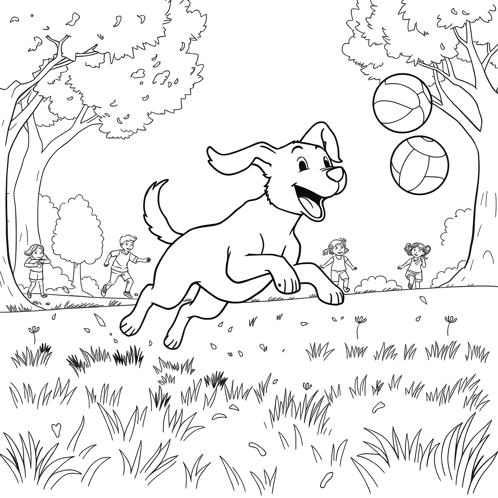Dog playing fetch with children in the park Coloring Page (free black-and-white line drawing printable PDF for all, from beginners to advanced learners, including children, teens, adults, and seniors)