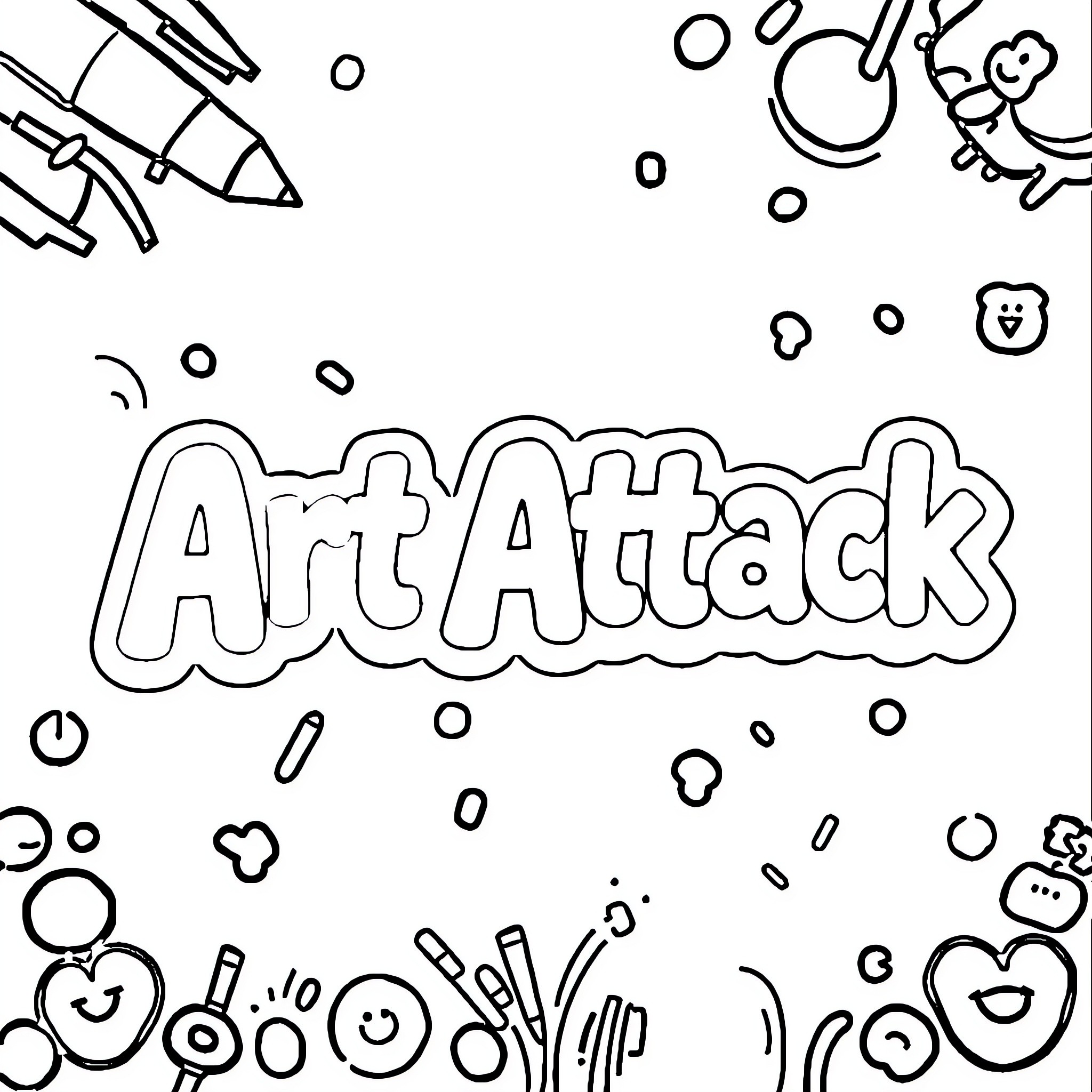 Art Attack with Whimsical Sketches and Shapes Coloring Page (free black-and-white line drawing printable PDF for all, from beginners to advanced learners, including children, teens, adults, and seniors)