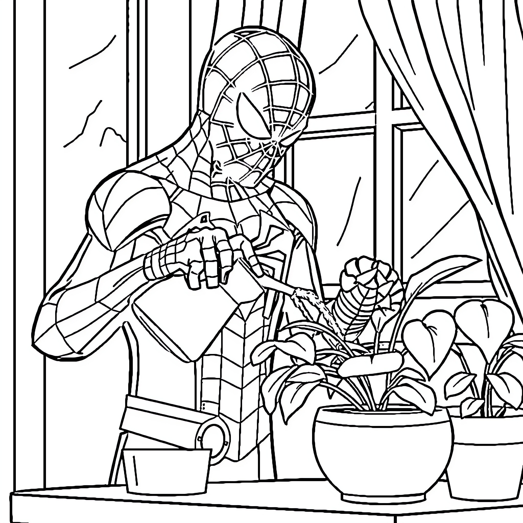 Spiderman contemplating in a greenhouse Coloring Page (free black-and-white line drawing printable PDF for all, from beginners to advanced learners, including children, teens, adults, and seniors)