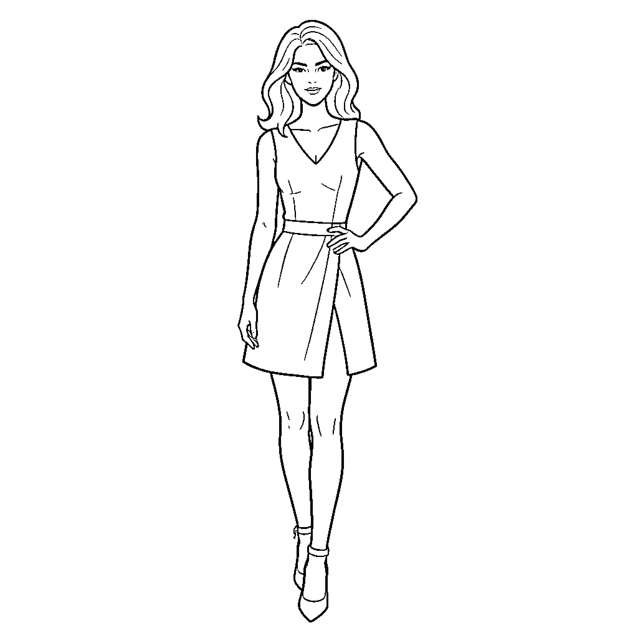 Fashion Figure posing in a stylish sleeveless dress Coloring Page (free black-and-white line drawing printable PDF for all, from beginners to advanced learners, including children, teens, adults, and seniors)
