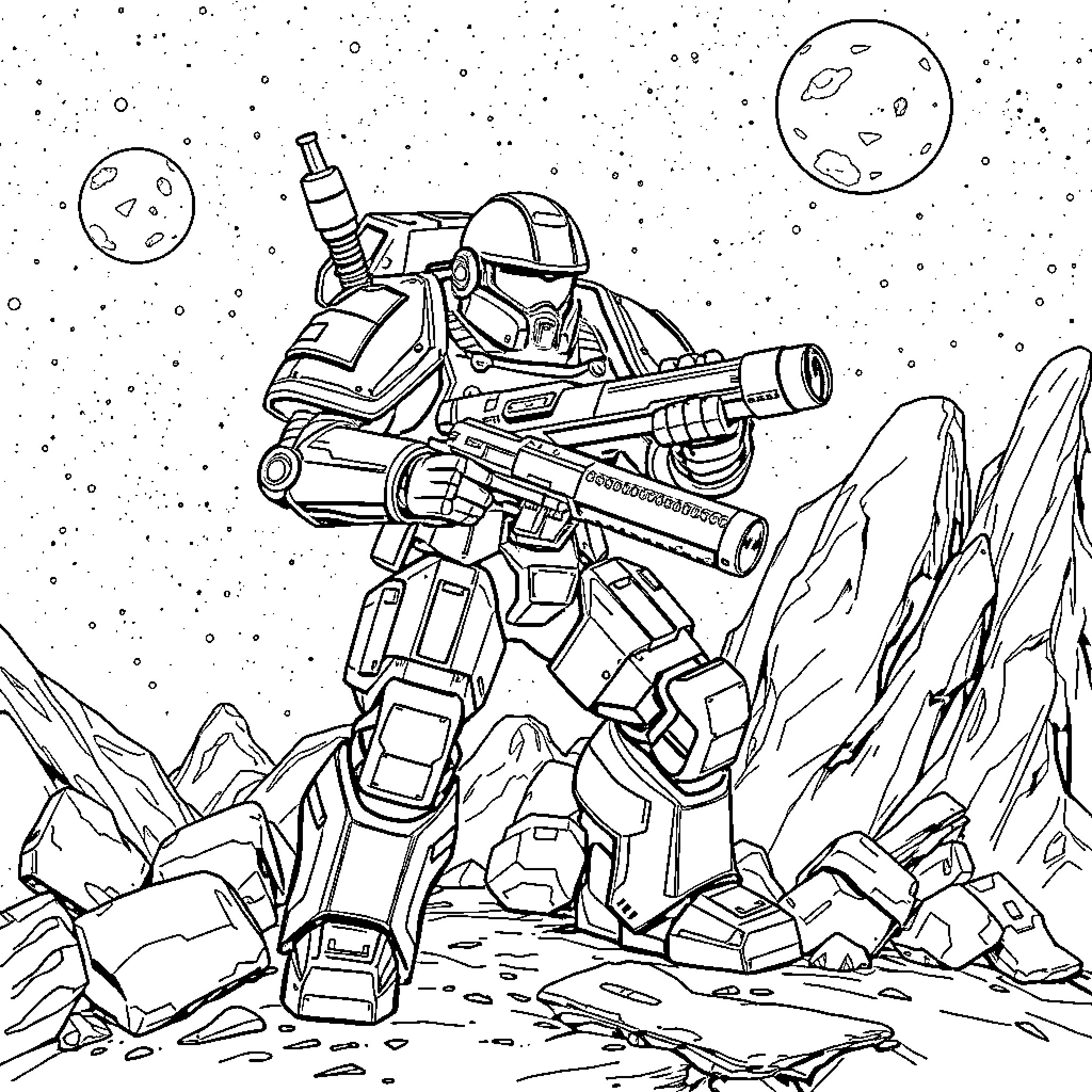 Space Marine battles in alien landscape Coloring Page (free black-and-white line drawing printable PDF for all, from beginners to advanced learners, including children, teens, adults, and seniors)