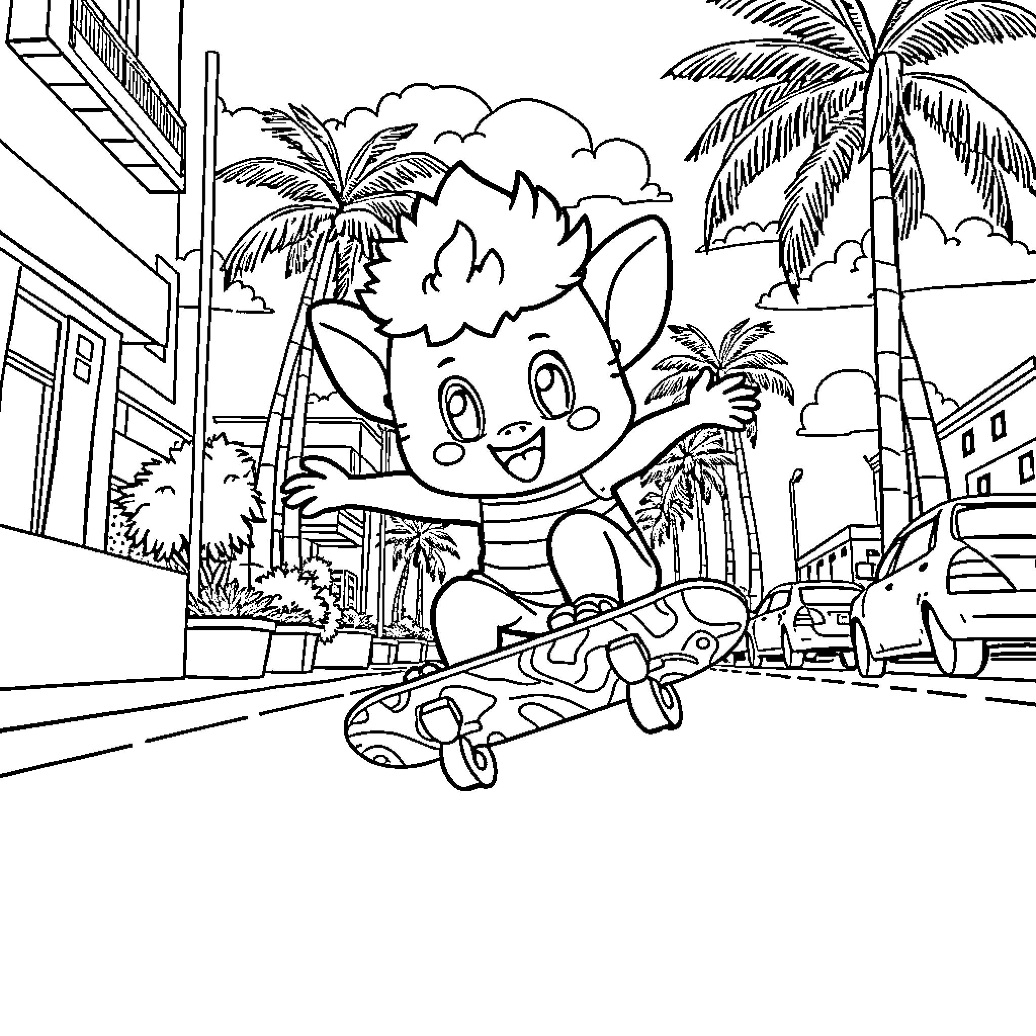 Labubu's fun skateboarding adventure in the tropical paradise Coloring Page (free black-and-white line drawing printable PDF for all, from beginners to advanced learners, including children, teens, adults, and seniors)