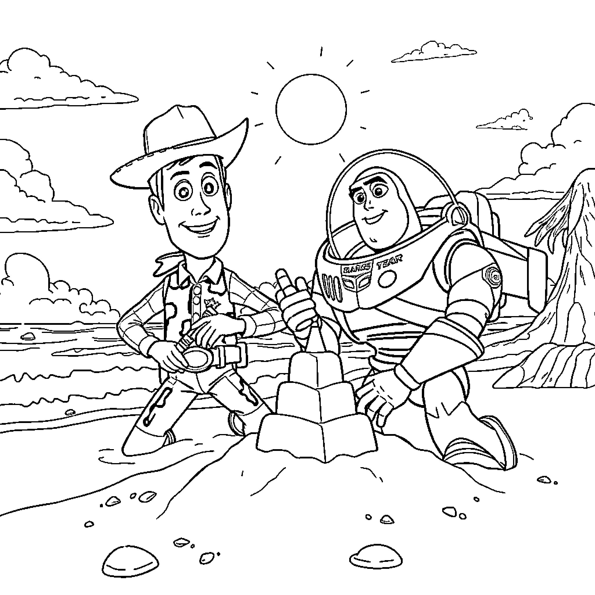 Woody and Buzz Lightyear's Adventurous Encounter Coloring Page (free black-and-white line drawing printable PDF for all, from beginners to advanced learners, including children, teens, adults, and seniors)