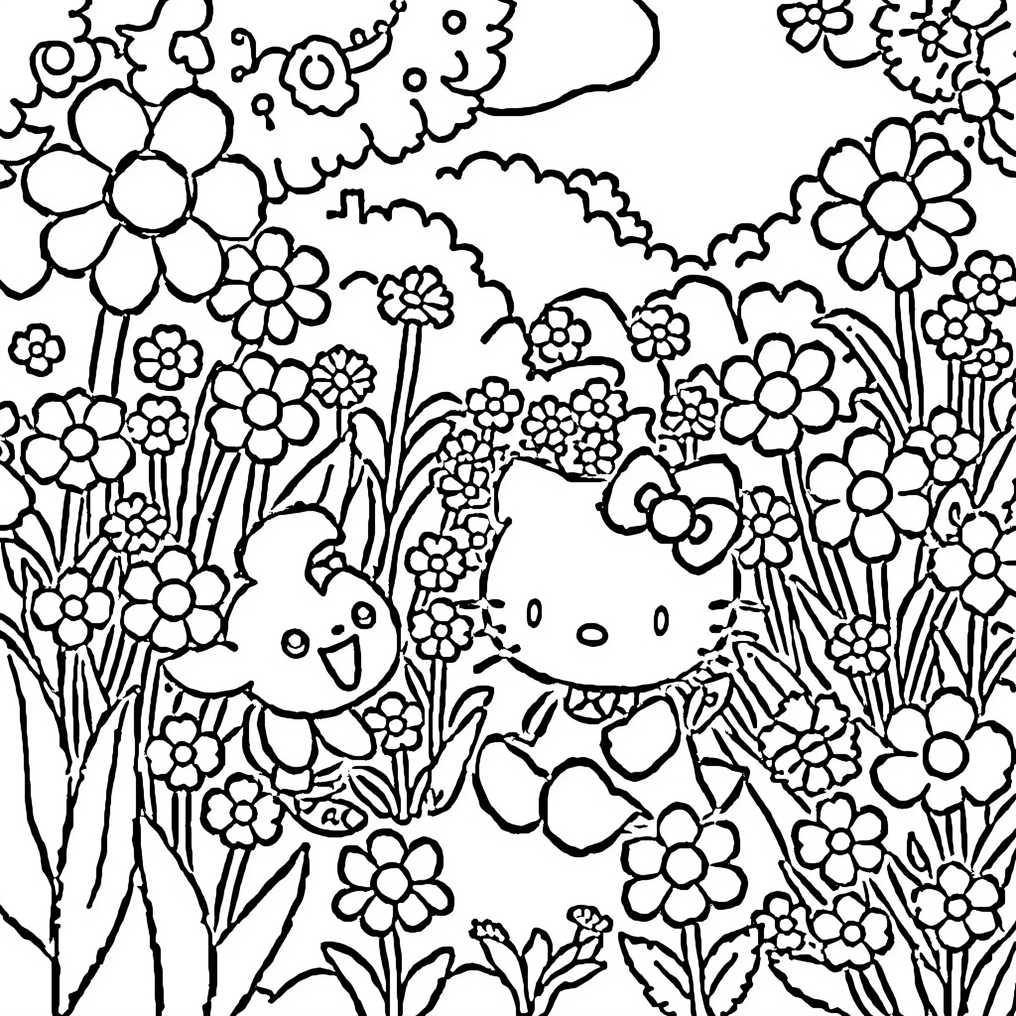 Hello Kitty playing among the flowers Coloring Page (free black-and-white line drawing printable PDF for all, from beginners to advanced learners, including children, teens, adults, and seniors)