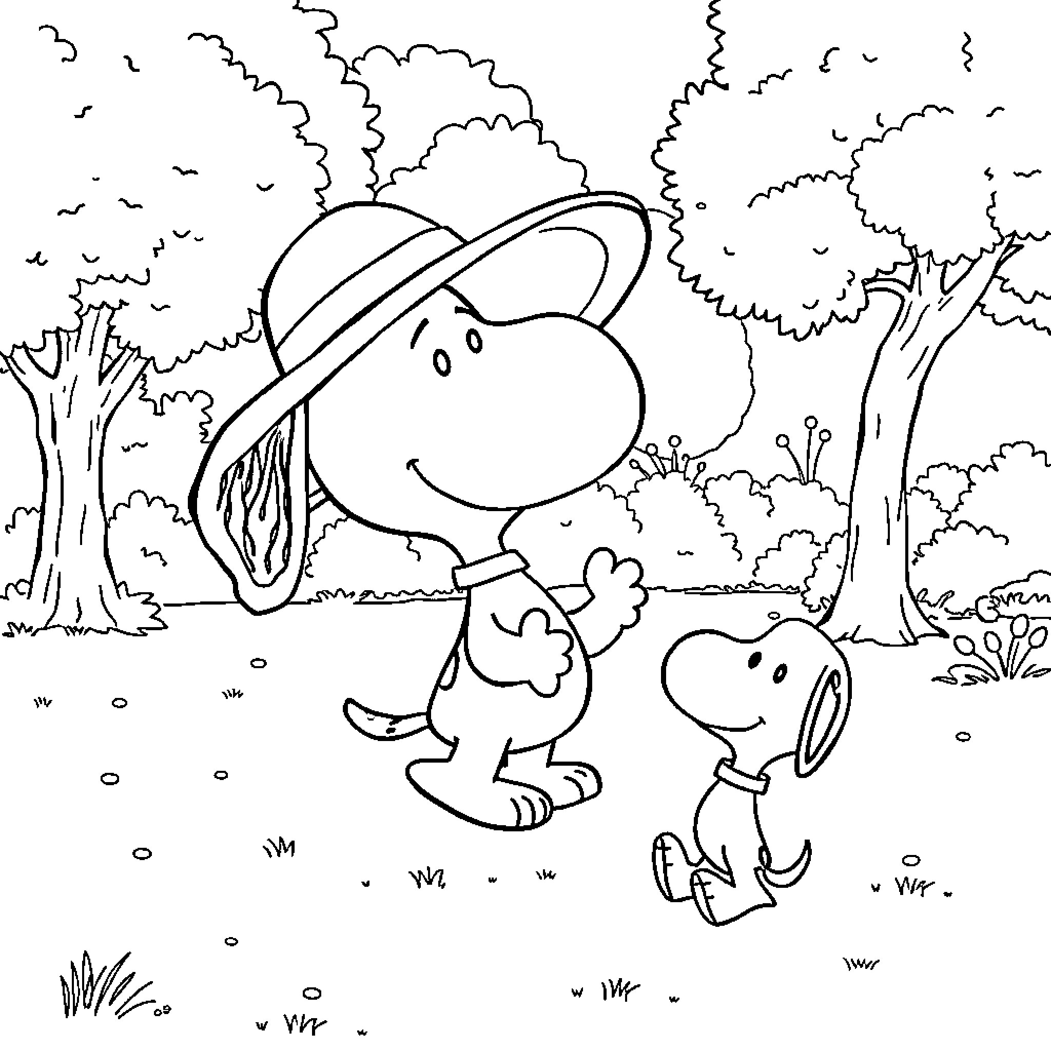 Capybara and puppy exploring the outdoors Coloring Page (free black-and-white line drawing printable PDF for all, from beginners to advanced learners, including children, teens, adults, and seniors)