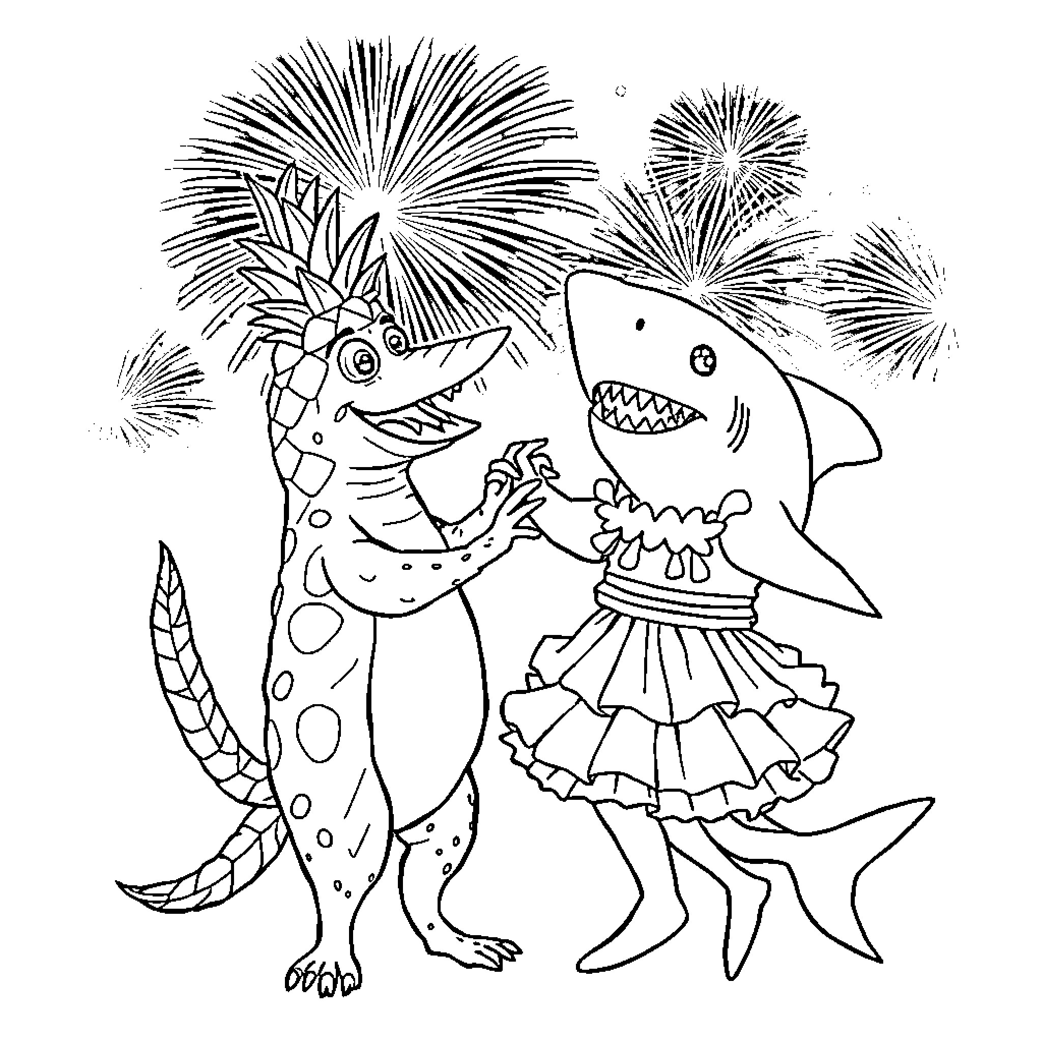 Anteater and shark dancing under fireworks Coloring Page (free black-and-white line drawing printable PDF for all, from beginners to advanced learners, including children, teens, adults, and seniors)