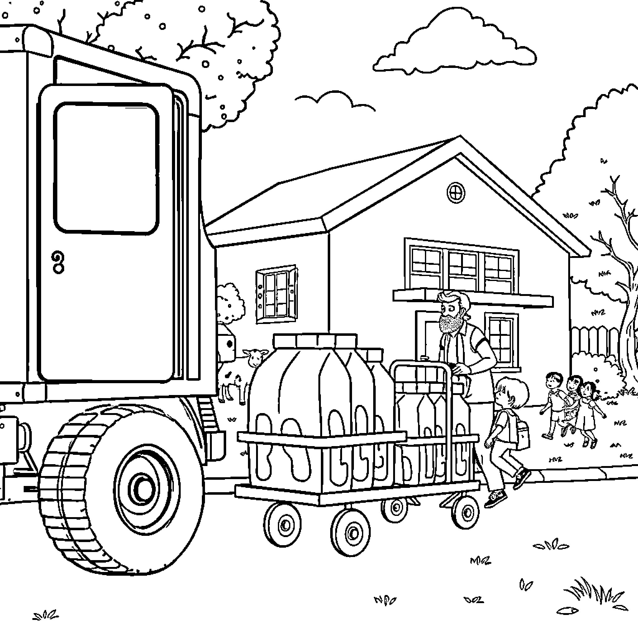 Truck Transporting Construction Materials at Work Site Coloring Page (free black-and-white line drawing printable PDF for all, from beginners to advanced learners, including children, teens, adults, and seniors)
