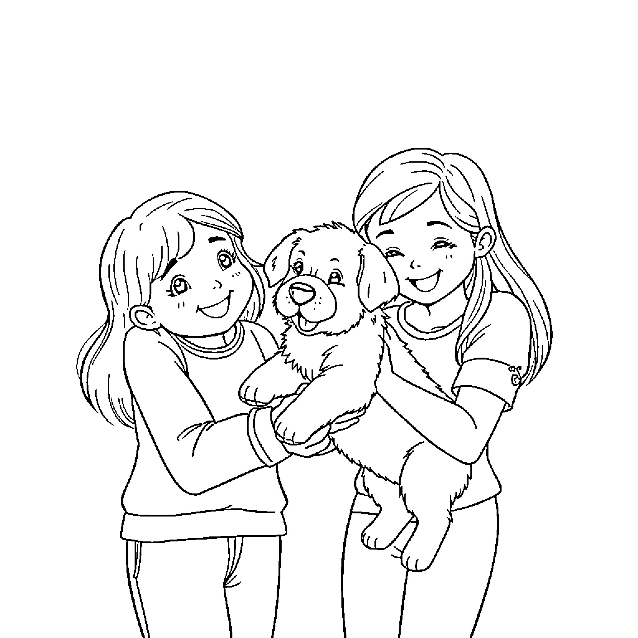 Dog being lovingly held by two girls Coloring Page (free black-and-white line drawing printable PDF for all, from beginners to advanced learners, including children, teens, adults, and seniors)