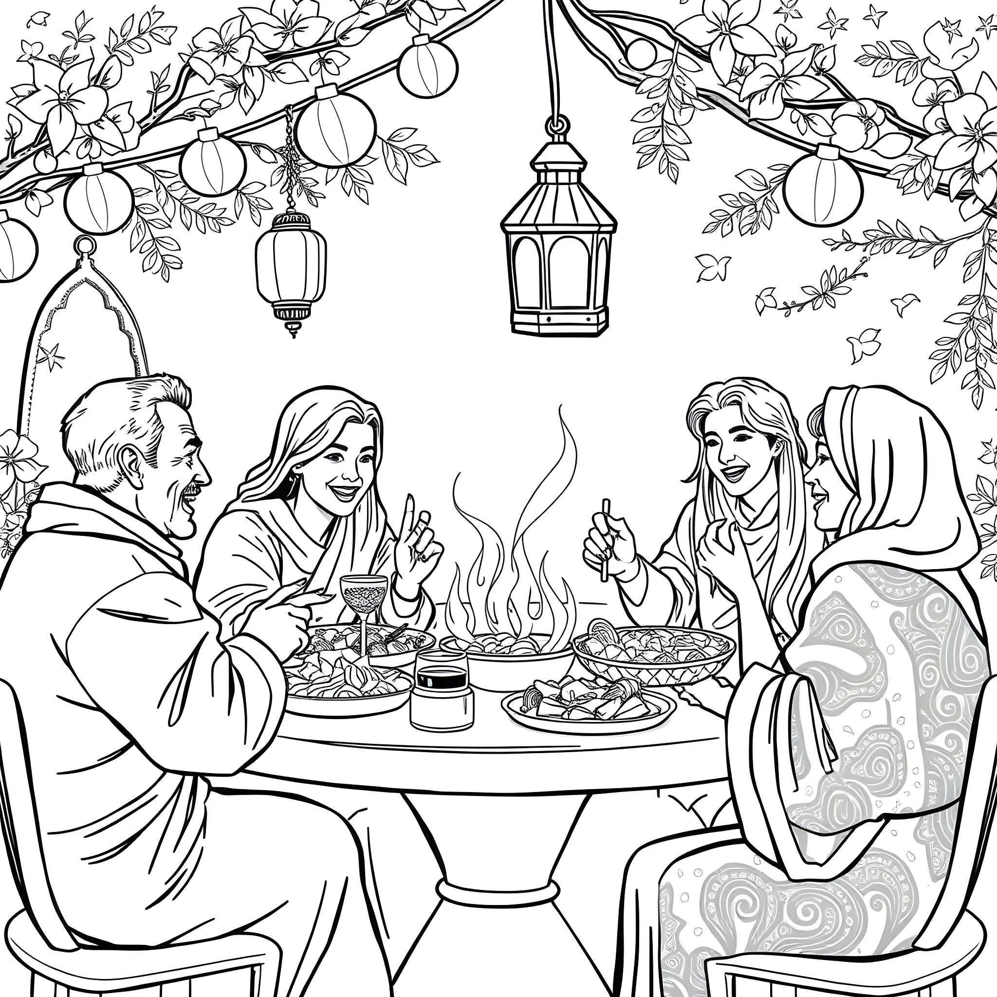 Tung family gathering around the table Coloring Page (free black-and-white line drawing printable PDF for all, from beginners to advanced learners, including children, teens, adults, and seniors)
