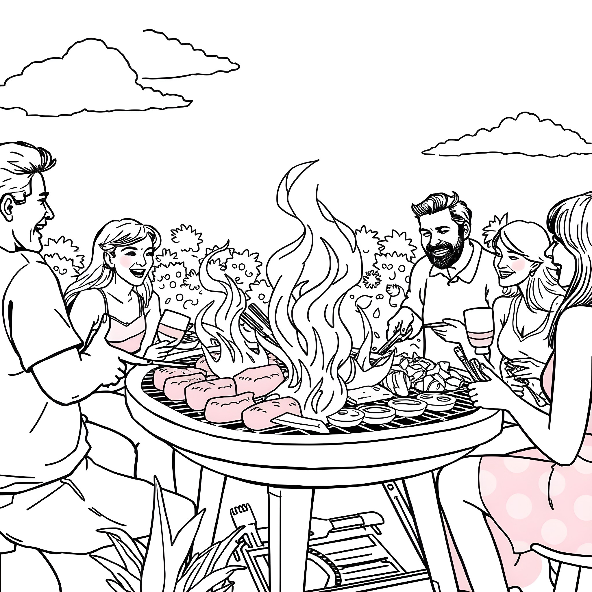 Carnita gathering for an outdoor barbecue Coloring Page (free black-and-white line drawing printable PDF for all, from beginners to advanced learners, including children, teens, adults, and seniors)