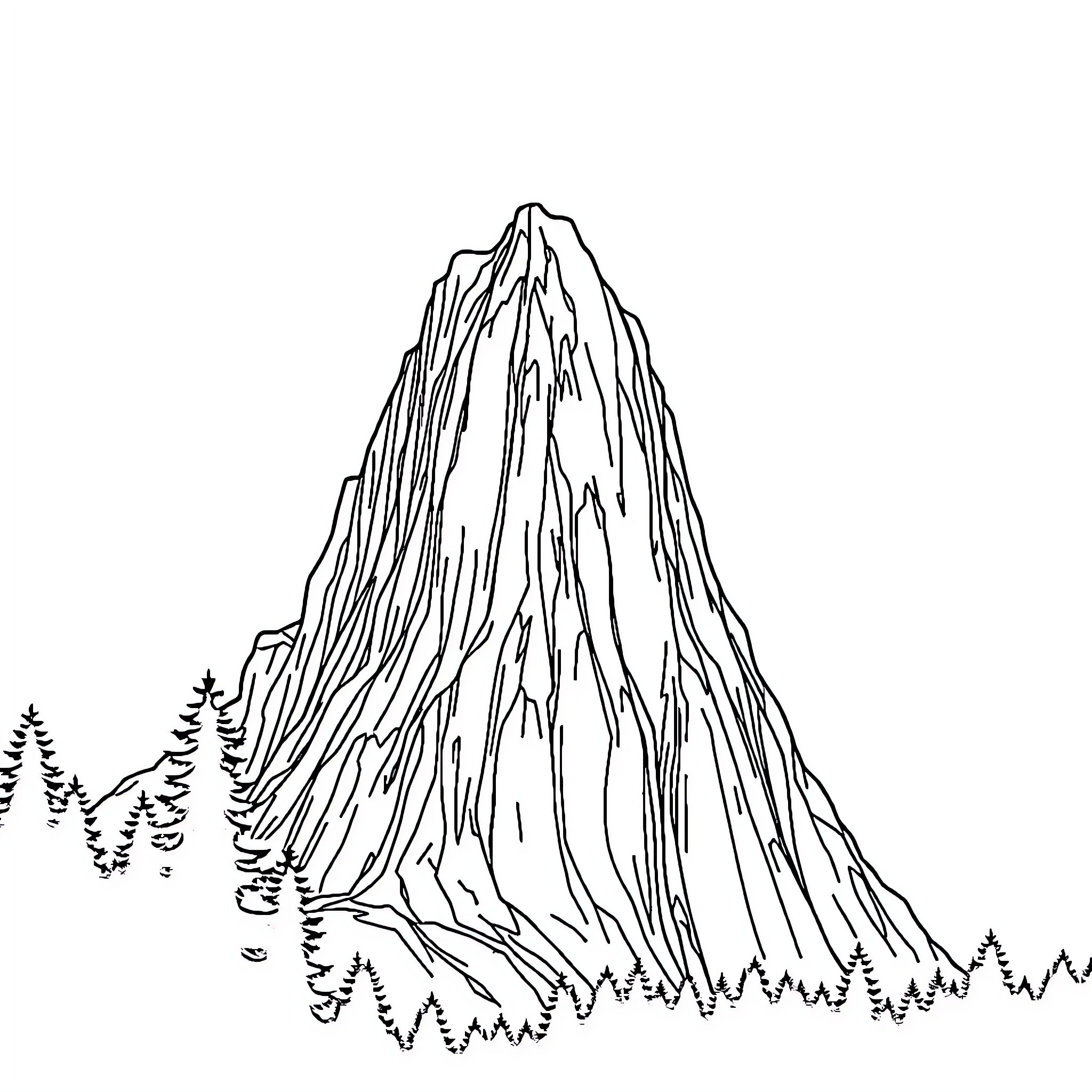 Mountain peak with trees in the foreground Coloring Page (free black-and-white line drawing printable PDF for all, from beginners to advanced learners, including children, teens, adults, and seniors)