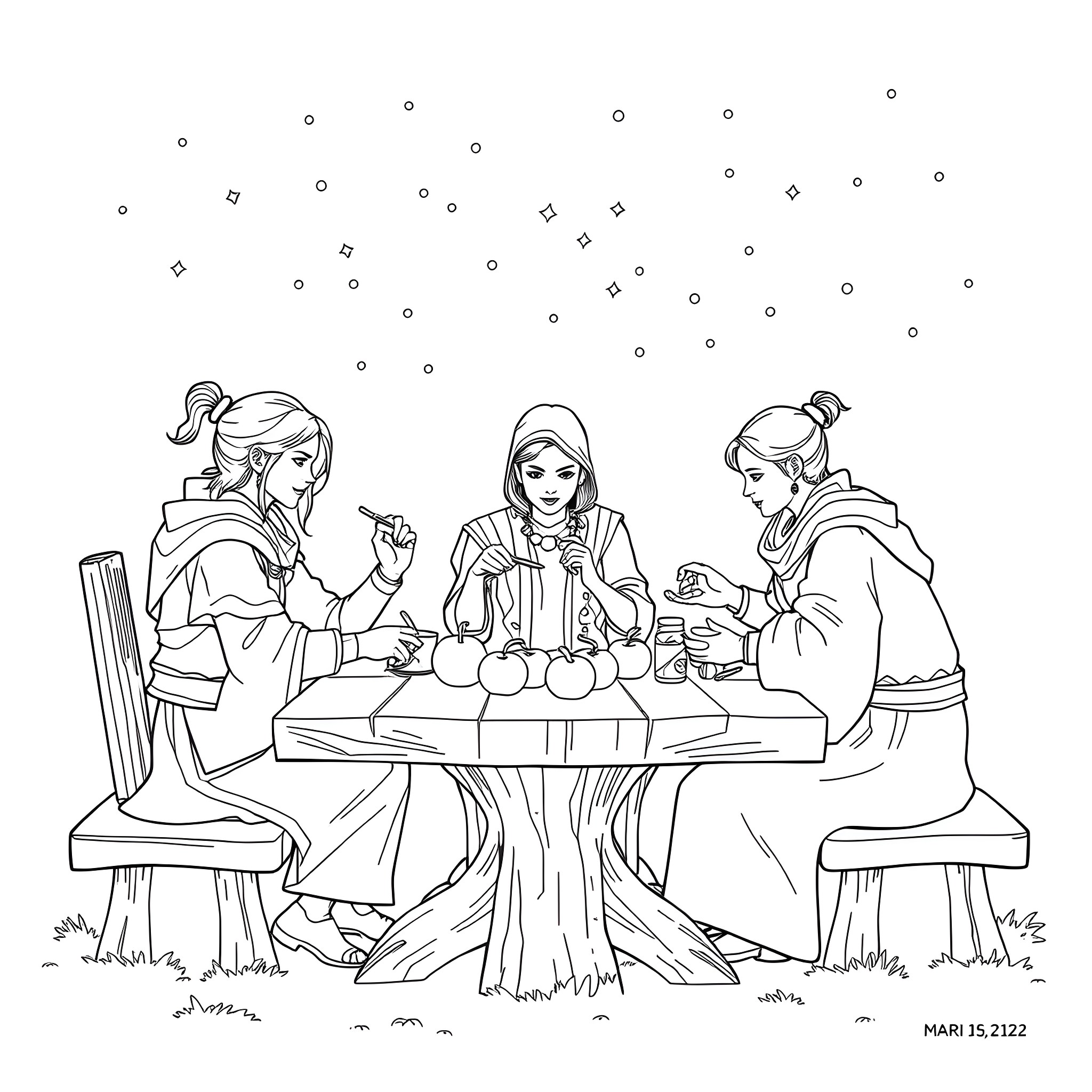 Jedi Apprentices Enjoying a Meal Together Coloring Page (free black-and-white line drawing printable PDF for all, from beginners to advanced learners, including children, teens, adults, and seniors)