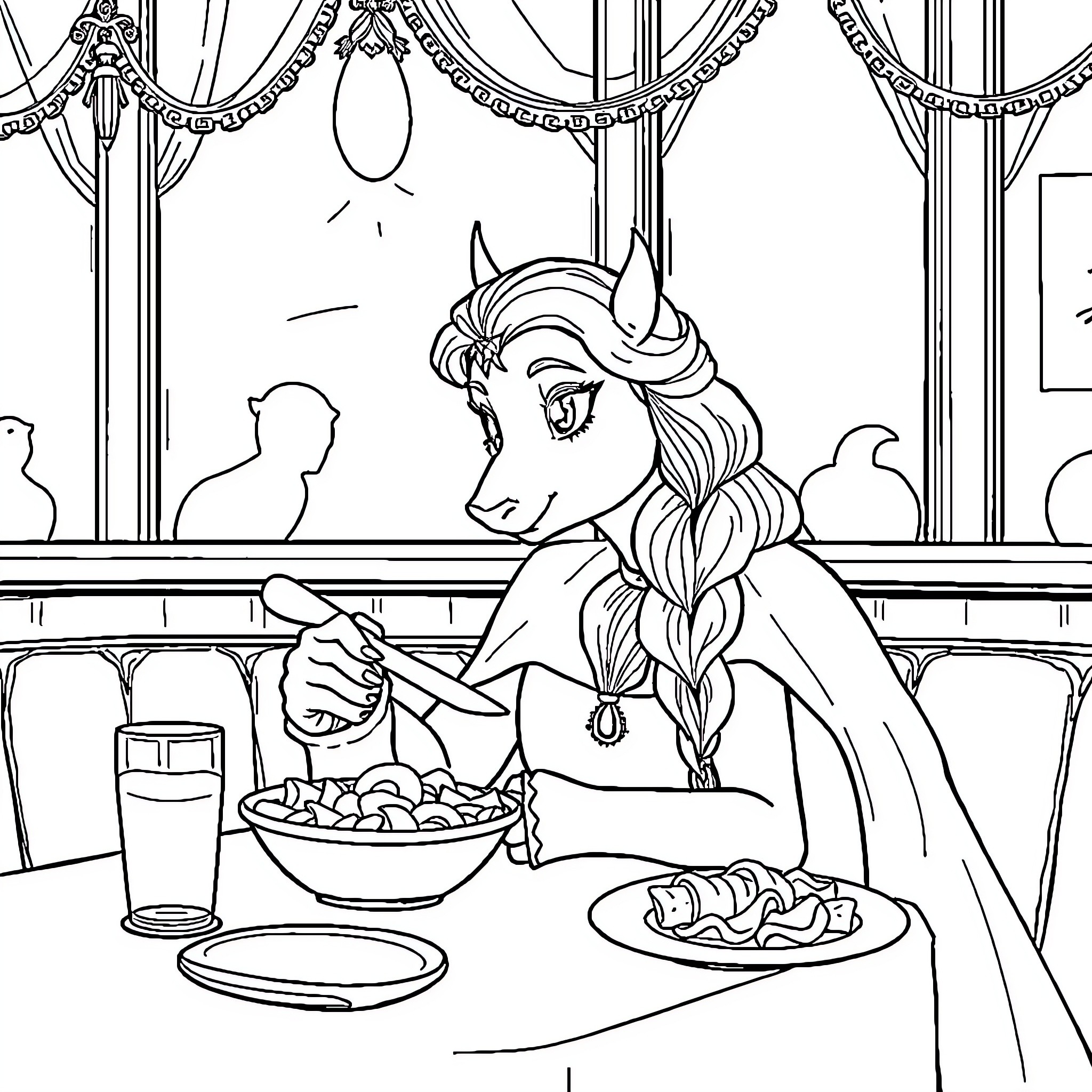 Reine des Neiges: Woman enjoying a meal in a lavish setting Coloring Page (free black-and-white line drawing printable PDF for all, from beginners to advanced learners, including children, teens, adults, and seniors)