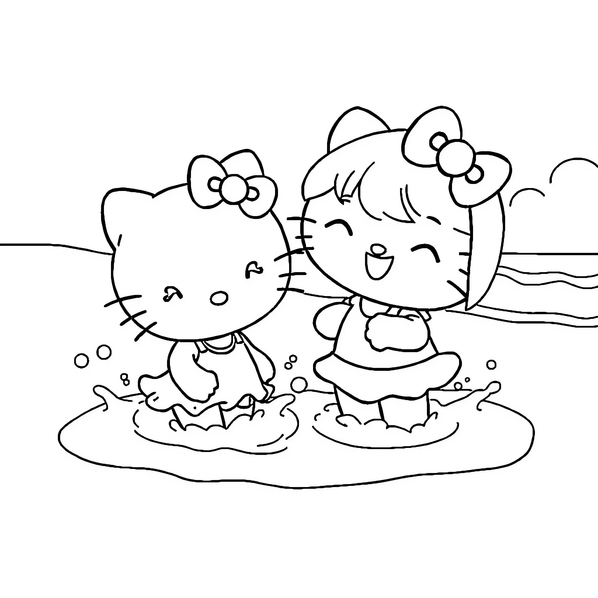 Melody of Cute Kittens Playing in the Bath Coloring Page (free black-and-white line drawing printable PDF for all, from beginners to advanced learners, including children, teens, adults, and seniors)