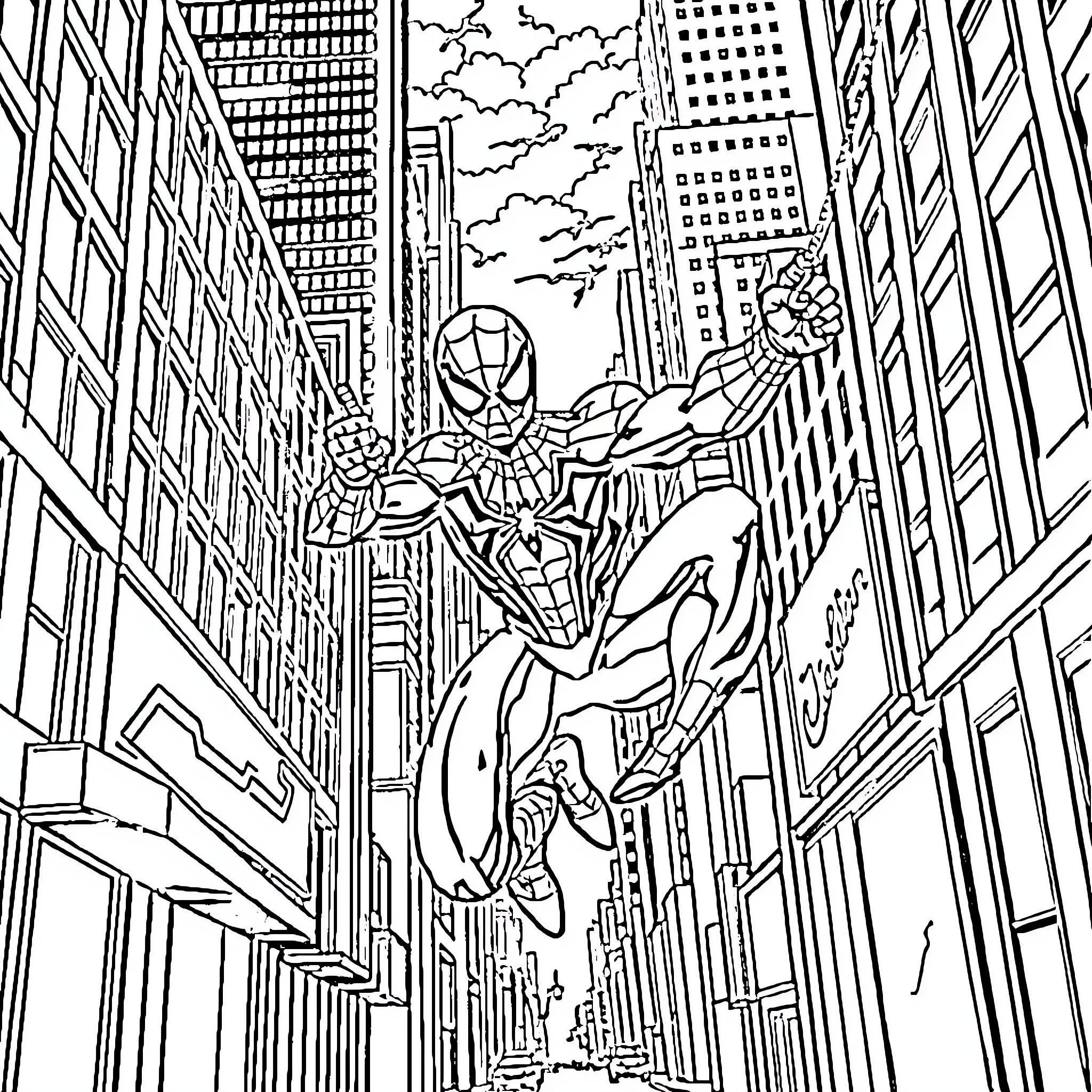 Spider-Man swinging through city streets Coloring Page (free black-and-white line drawing printable PDF for all, from beginners to advanced learners, including children, teens, adults, and seniors)