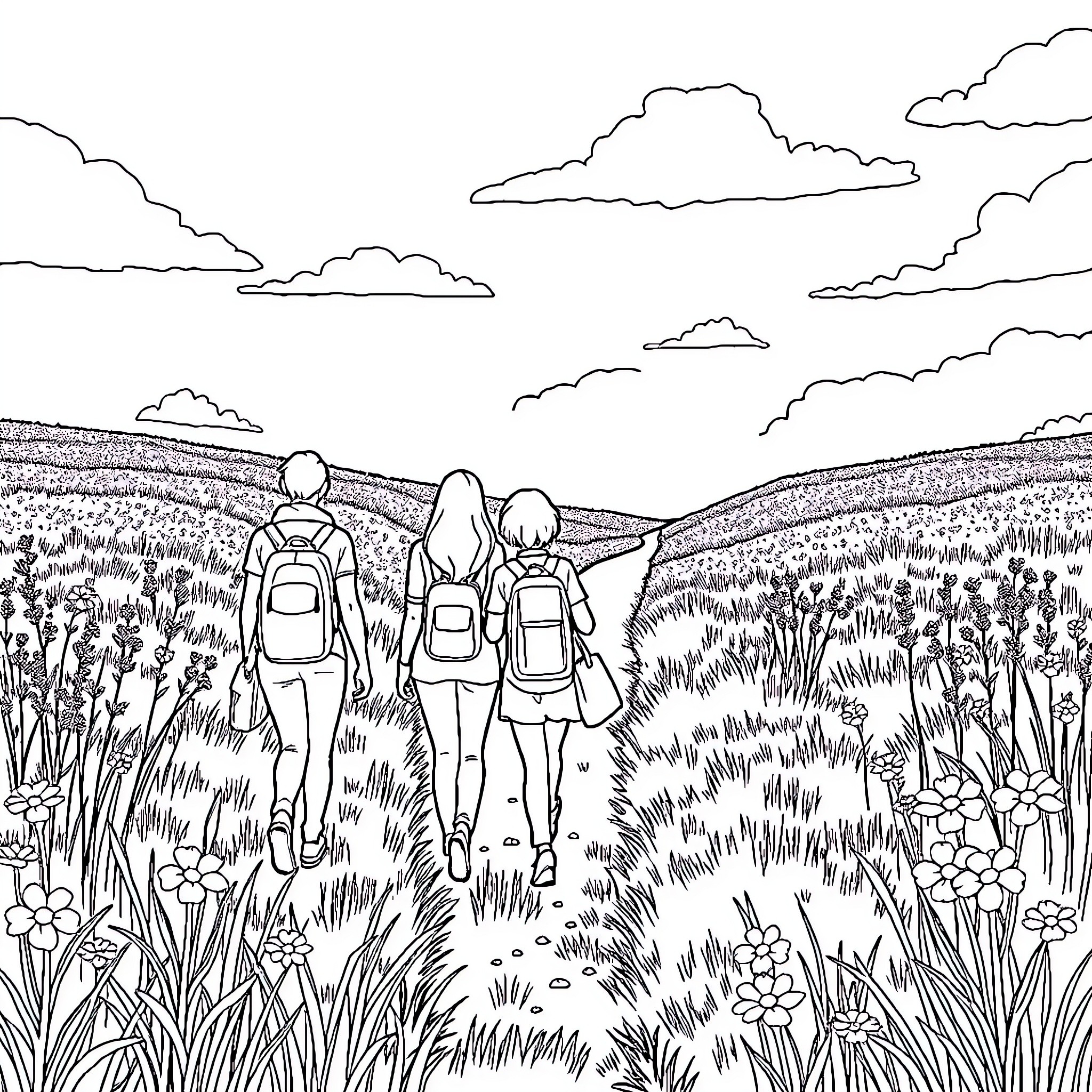 Person hiking along scenic trail in nature Coloring Page (free black-and-white line drawing printable PDF for all, from beginners to advanced learners, including children, teens, adults, and seniors)