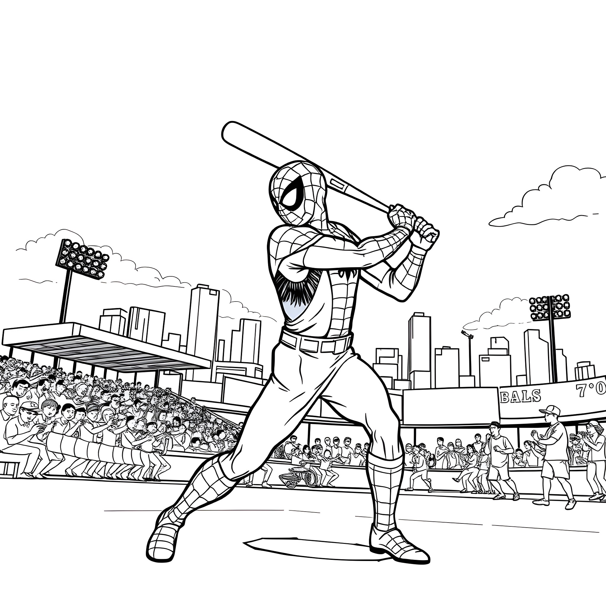 Spiderman Swinging into Action in the City Coloring Page (free black-and-white line drawing printable PDF for all, from beginners to advanced learners, including children, teens, adults, and seniors)