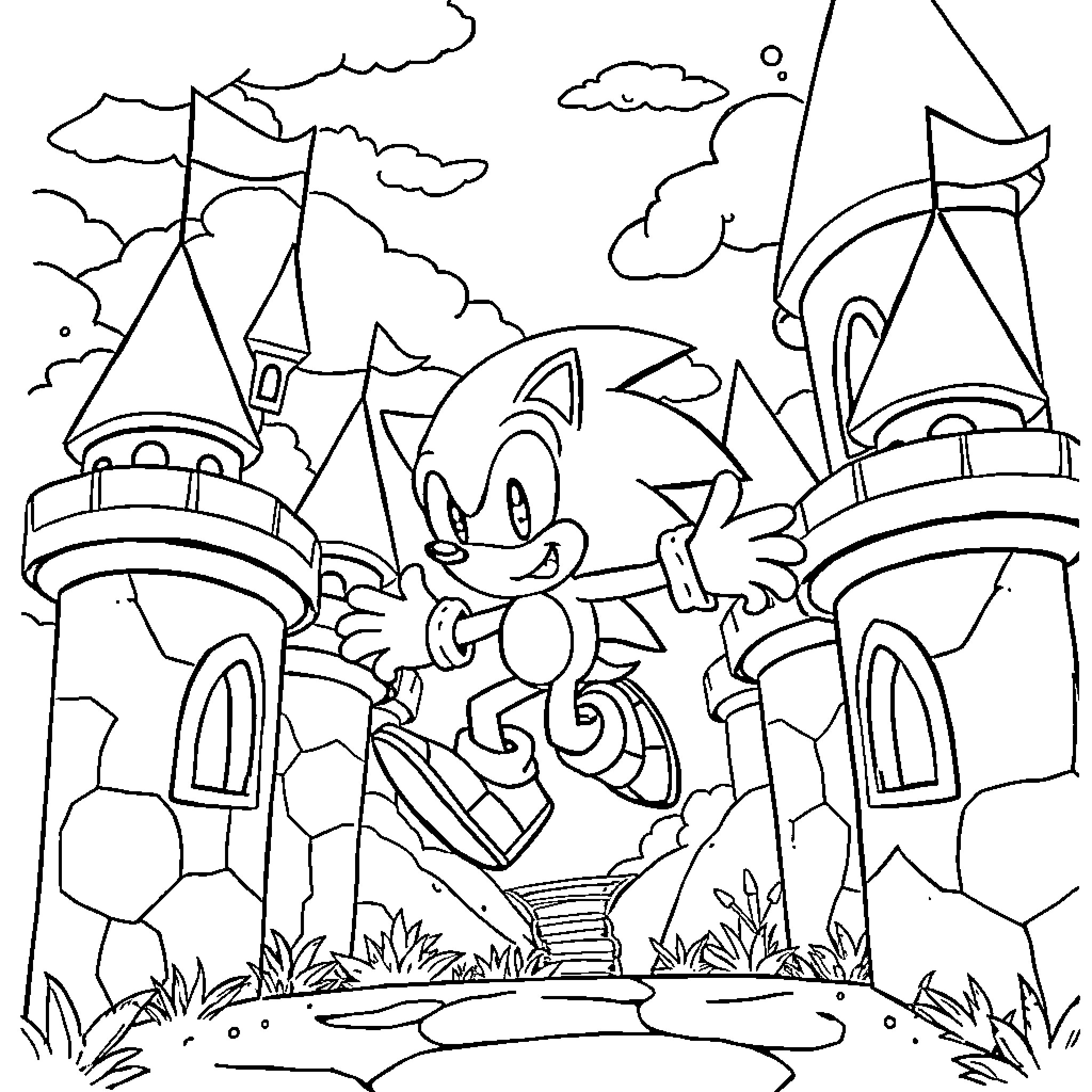 Sonic Running Playfully Through Enchanted Landscape Coloring Page (free black-and-white line drawing printable PDF for all, from beginners to advanced learners, including children, teens, adults, and seniors)