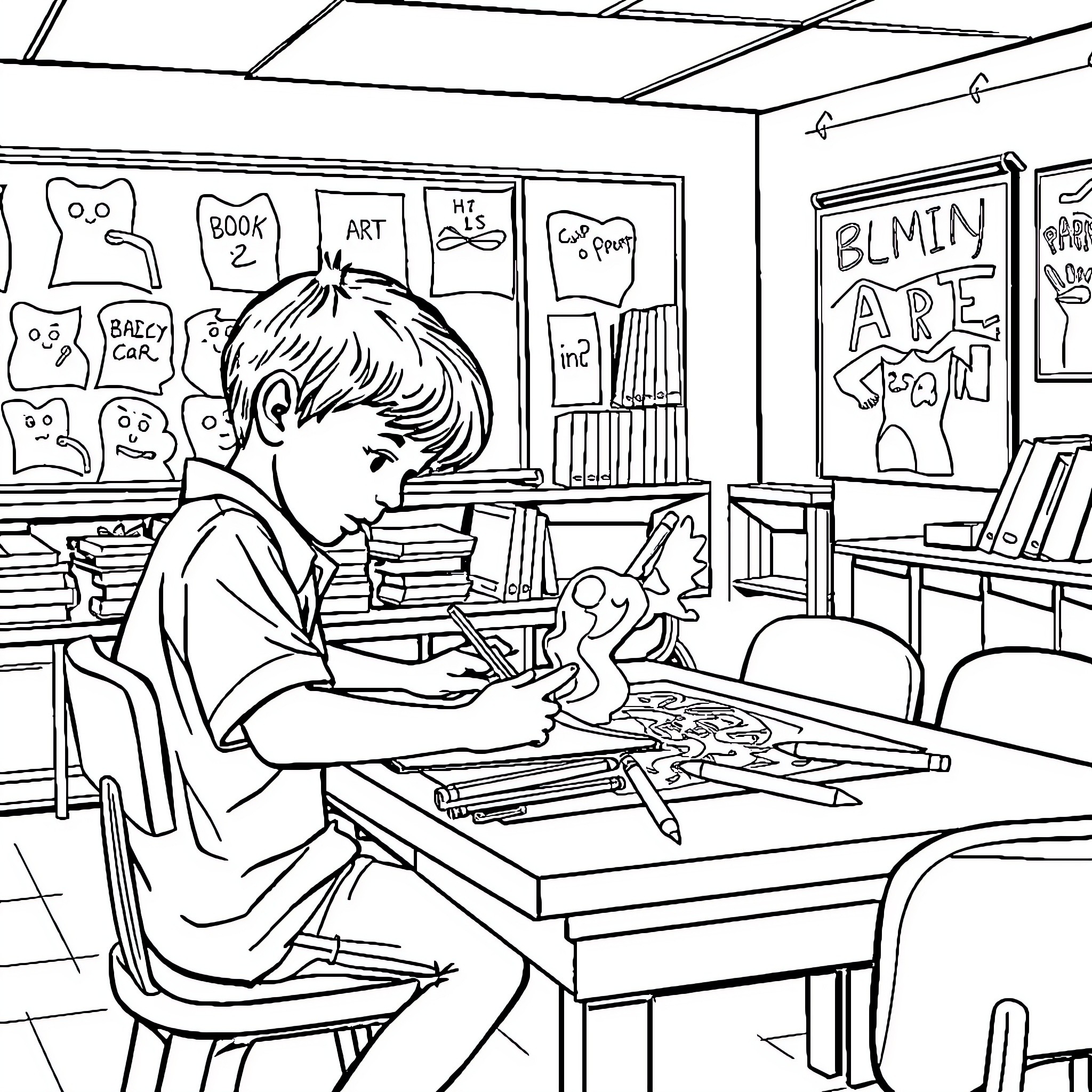 Boy Focused on Drawing in Classroom Coloring Page (free black-and-white line drawing printable PDF for all, from beginners to advanced learners, including children, teens, adults, and seniors)