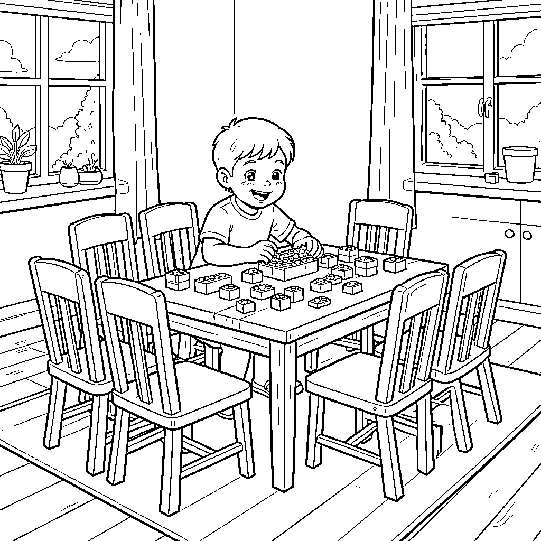 Niño playing with building blocks on the dining table Coloring Page (free black-and-white line drawing printable PDF for all, from beginners to advanced learners, including children, teens, adults, and seniors)
