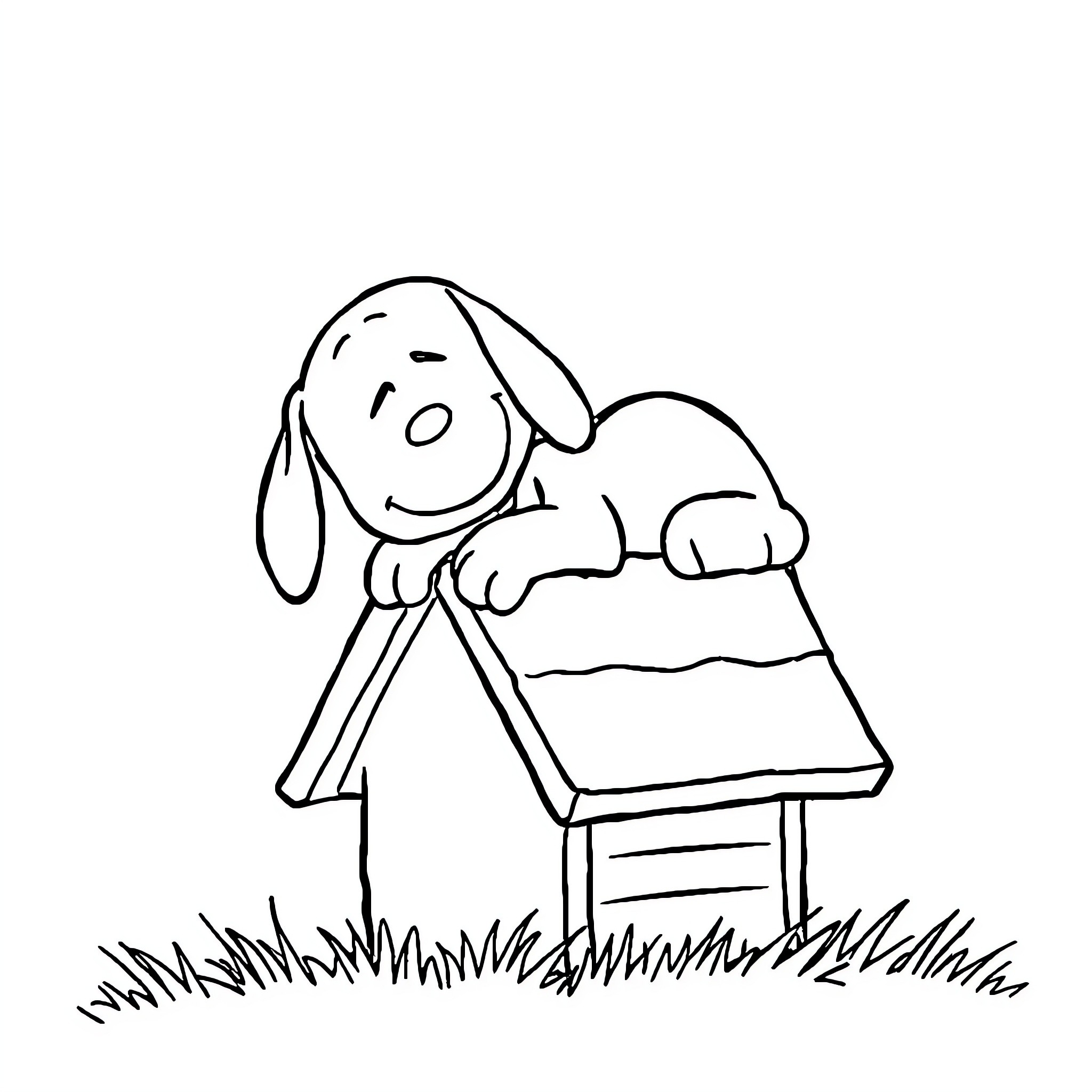 Snoopy relaxing on his doghouse Coloring Page (free black-and-white line drawing printable PDF for all, from beginners to advanced learners, including children, teens, adults, and seniors)