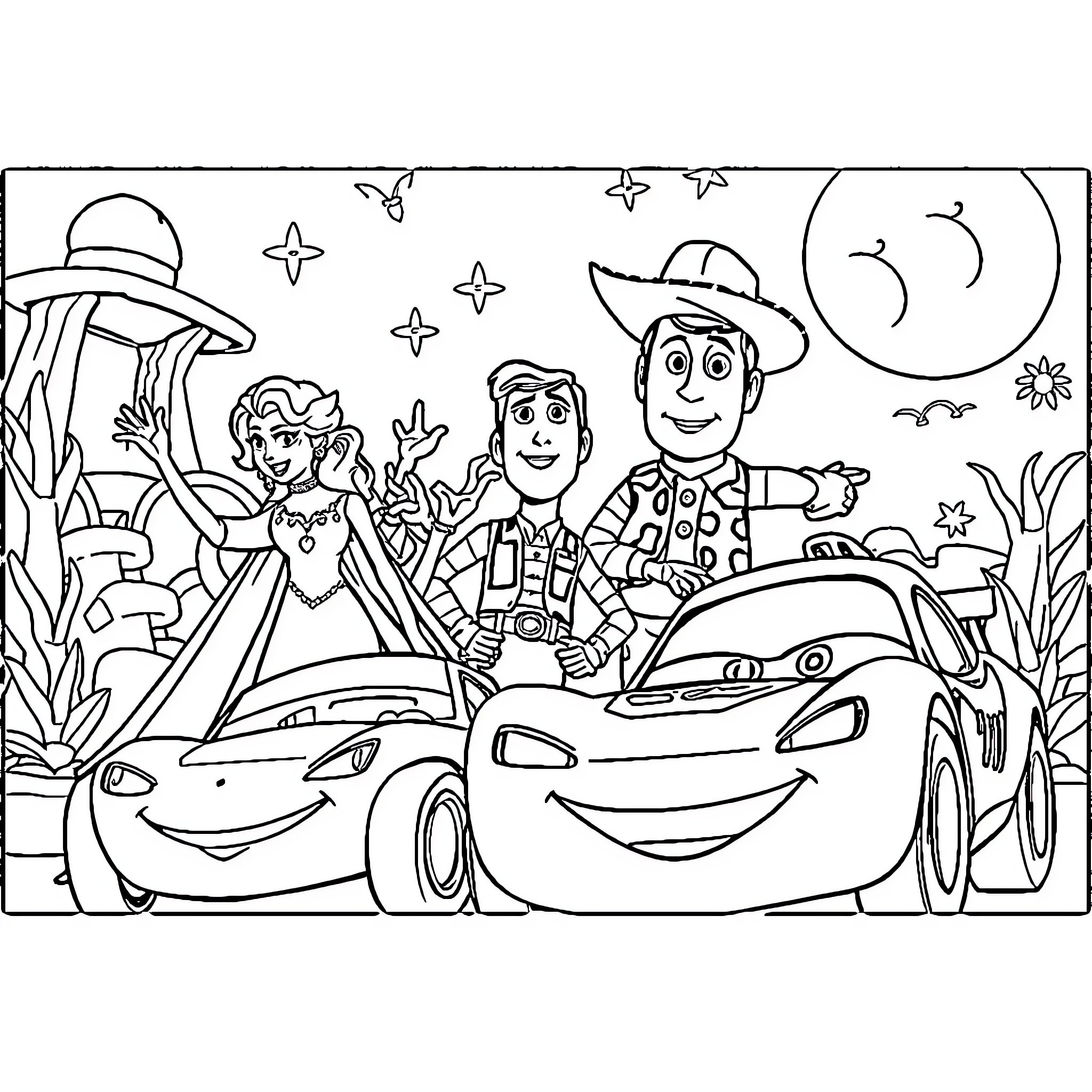 Frozen Scenes with Cars and Characters Coloring Page (free black-and-white line drawing printable PDF for all, from beginners to advanced learners, including children, teens, adults, and seniors)