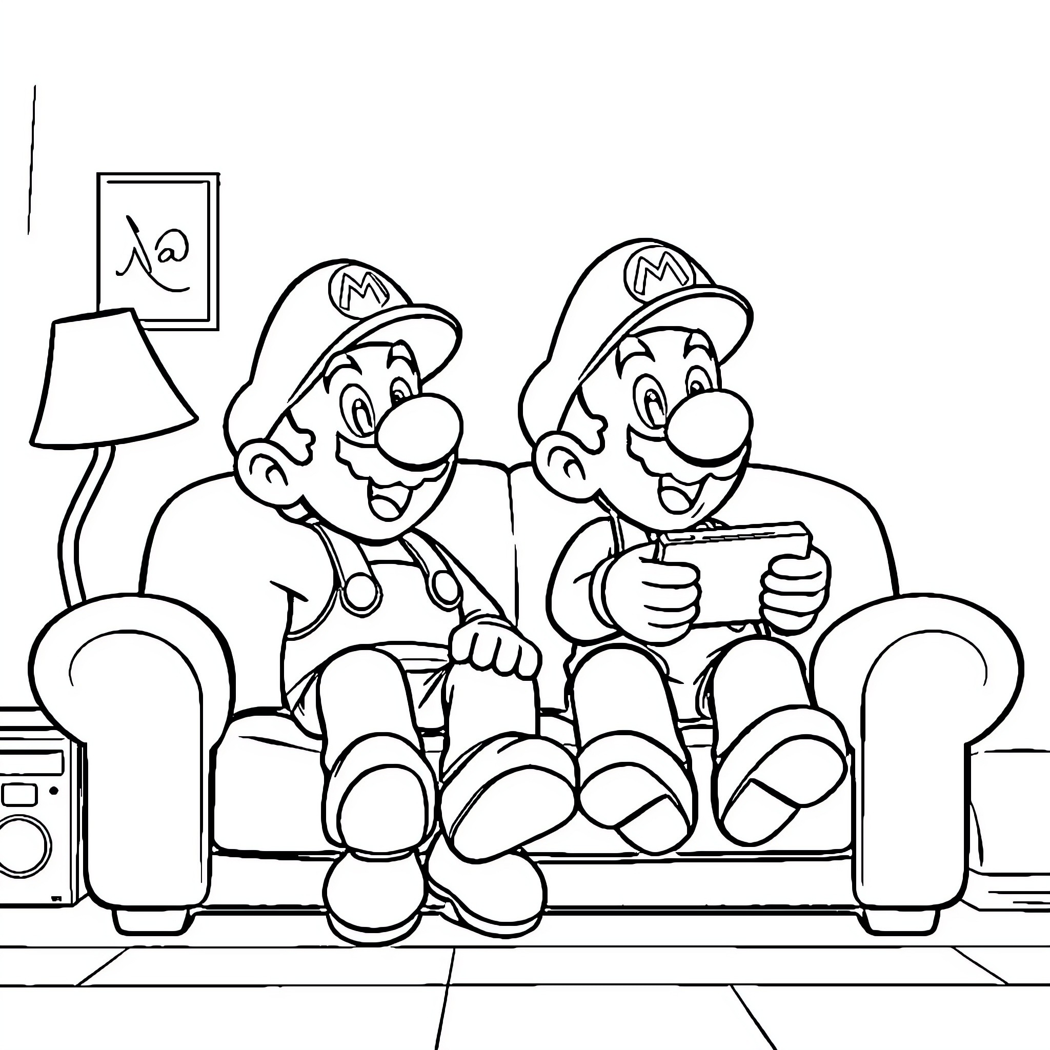 Mario brothers relaxing on the couch Coloring Page (free black-and-white line drawing printable PDF for all, from beginners to advanced learners, including children, teens, adults, and seniors)